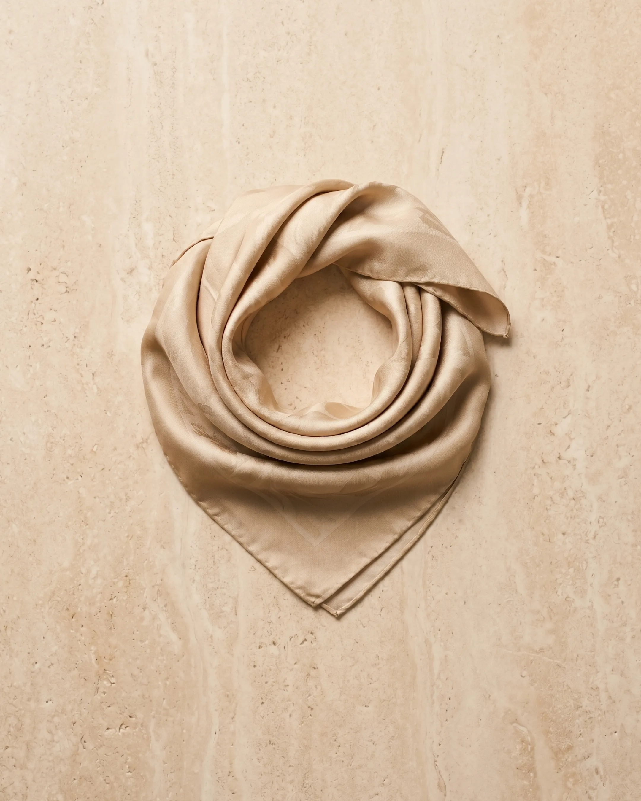 Hugo Caesar Tassi glossy 22mm silk-look square scarf in Travertine — studio packshot, Hugo Caesar Tassi