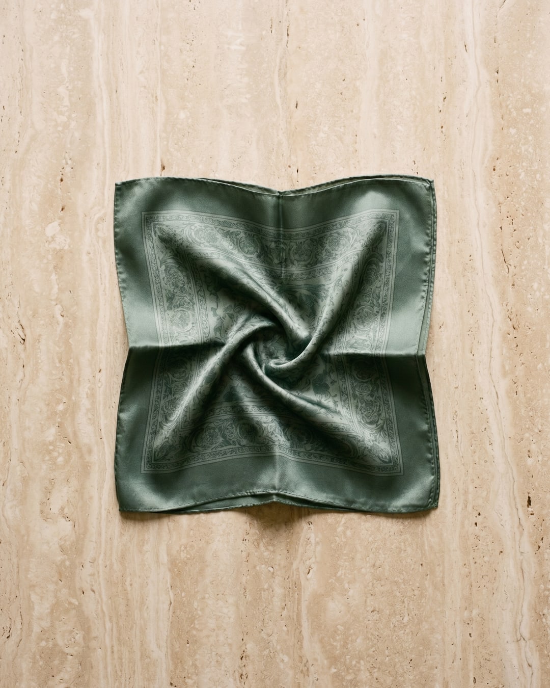 Hugo Caesar Tassi glossy 22mm silk-look square scarf in Verde Antico — studio packshot, Hugo Caesar Tassi