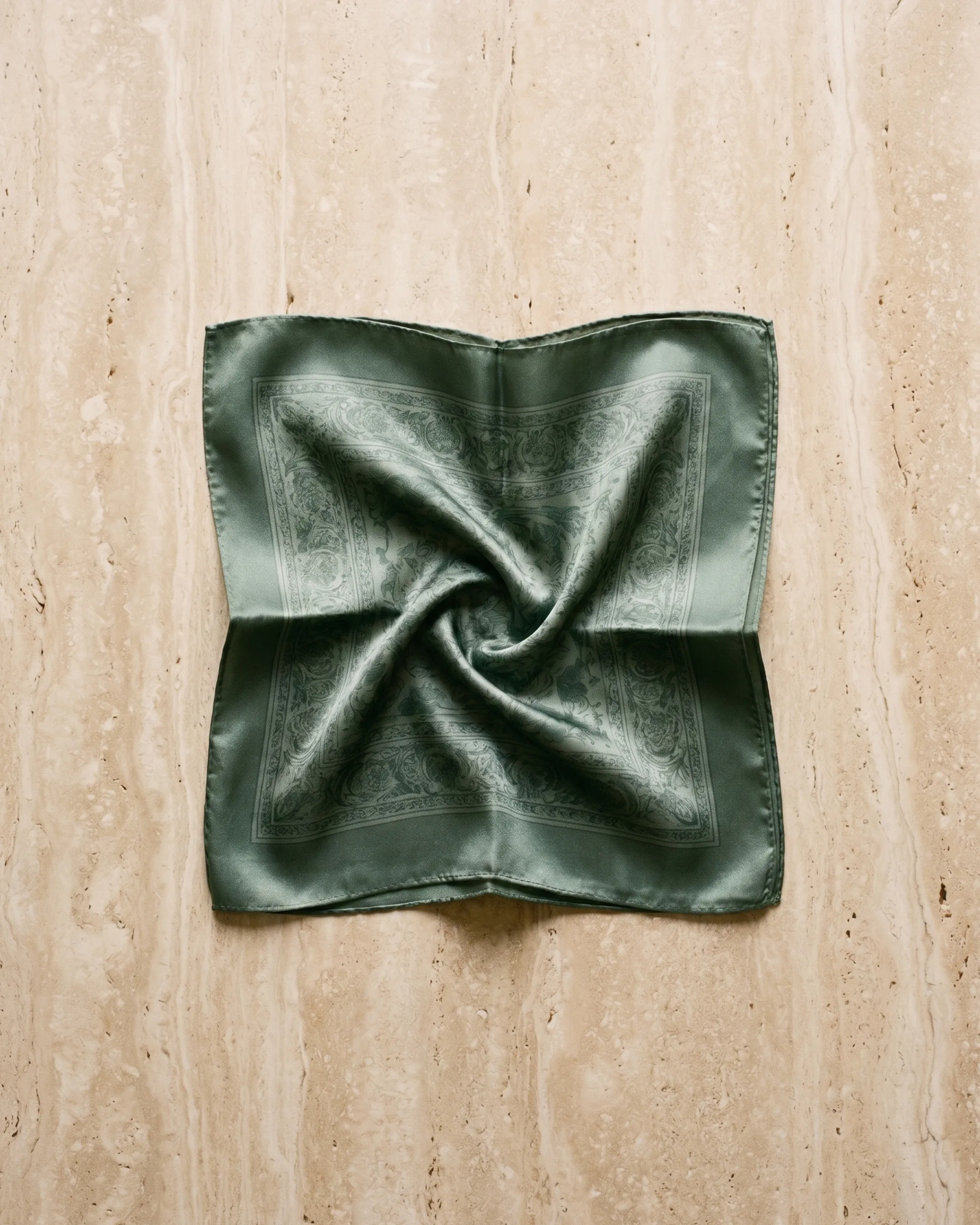 Hugo Caesar Tassi glossy 22mm silk-look square scarf in Verde Antico — studio packshot, Hugo Caesar Tassi