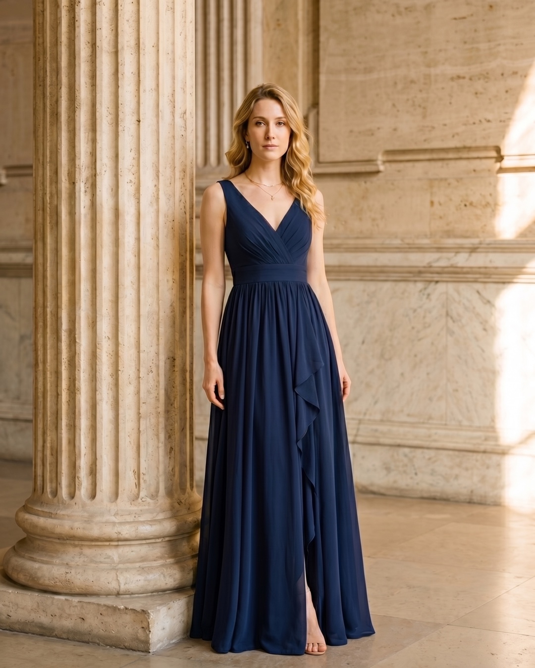 Hugo Caesar Tassi Cassia V-neck pleated chiffon gown in midnight Cobalto, worn full-length by a model beside fluted columns in a Roman travertine studio