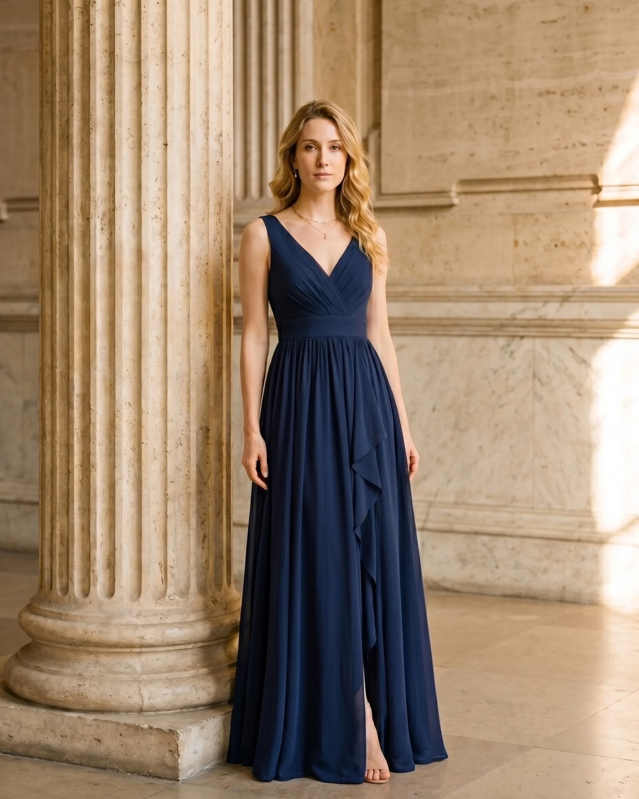 Hugo Caesar Tassi Cassia V-neck pleated chiffon gown in midnight Cobalto, worn full-length by a model beside fluted columns in a Roman travertine studio