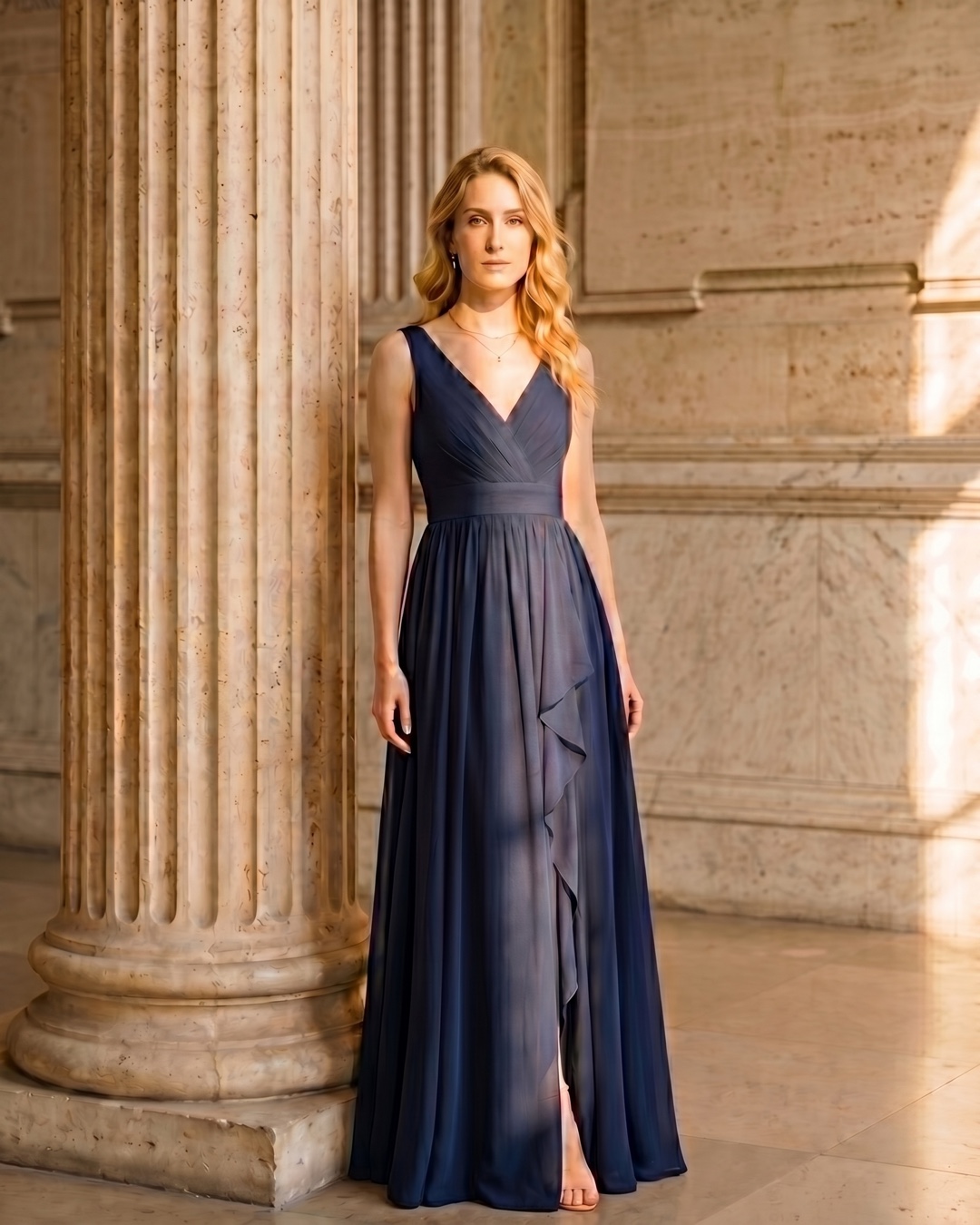 Editorial portrait of the Hugo Caesar Tassi Cassia V-neck pleated chiffon gown in Cobalto among Roman travertine columns in golden light