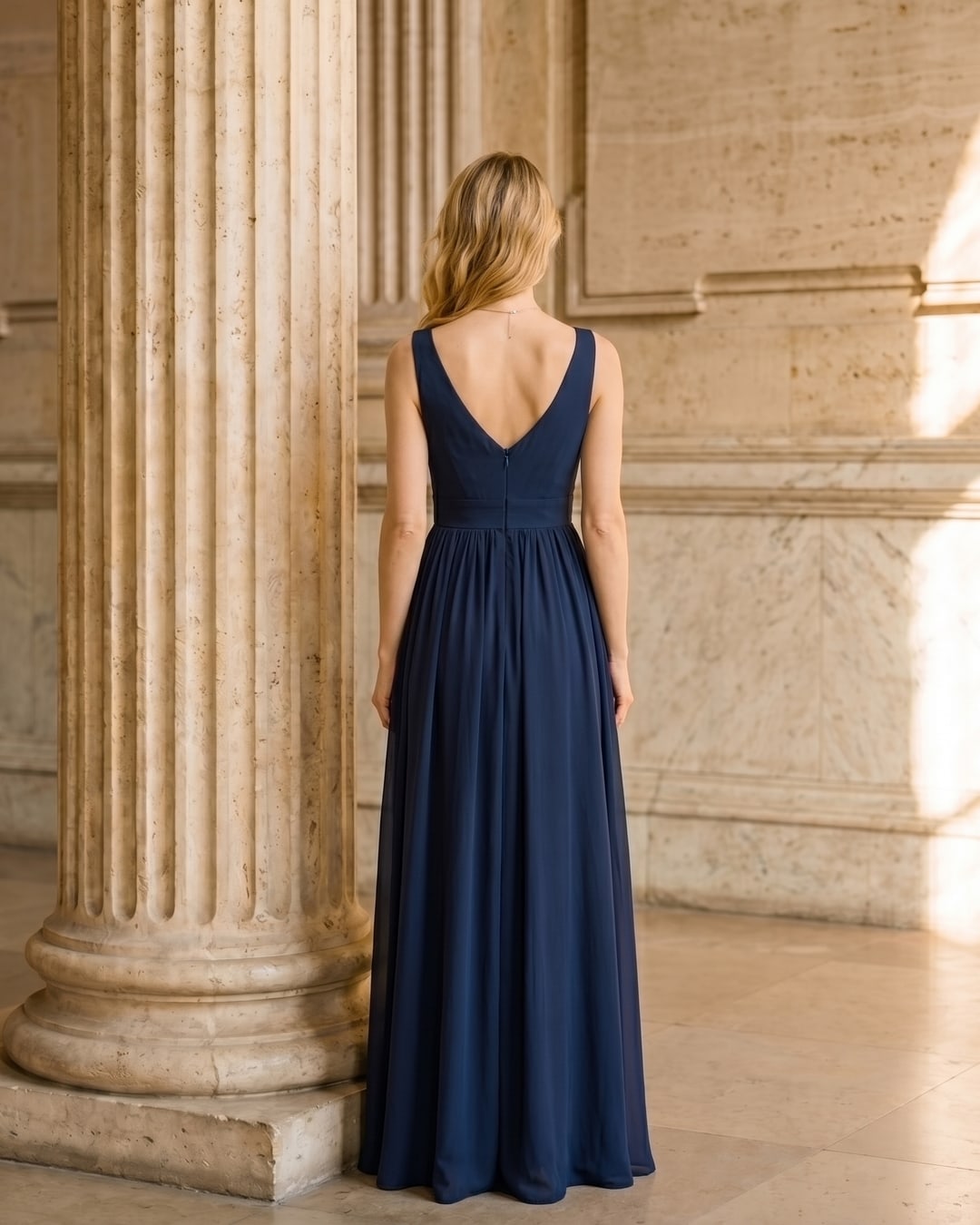 Full-length rear view of the Hugo Caesar Tassi Cassia V-neck pleated chiffon gown in midnight Cobalto, seen from behind, showing the back of the dress, the low V-back, defined waist seam and fluid A-line chiffon skirt in a Roman travertine studio