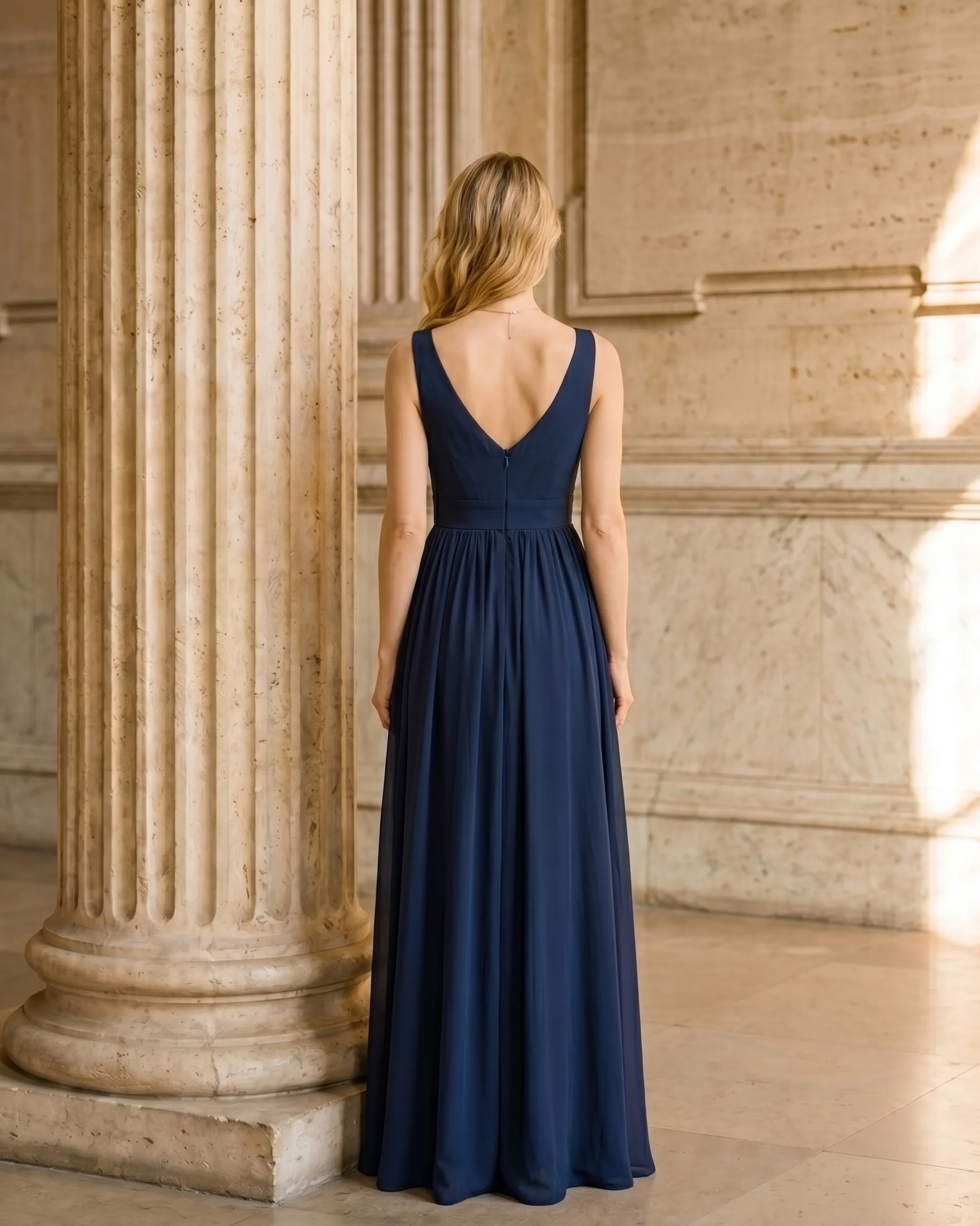 Full-length rear view of the Hugo Caesar Tassi Cassia V-neck pleated chiffon gown in midnight Cobalto, seen from behind, showing the back of the dress, the low V-back, defined waist seam and fluid A-line chiffon skirt in a Roman travertine studio