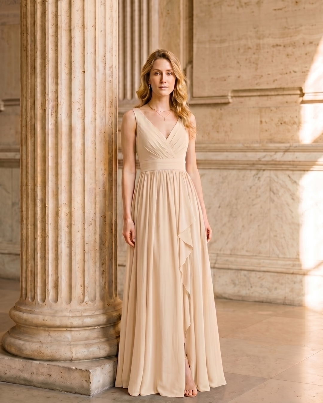 Cassia V-Neck Pleated Chiffon Gown — A-Line Maxi with Cascade Slit in Avorio — Hugo Caesar Tassi