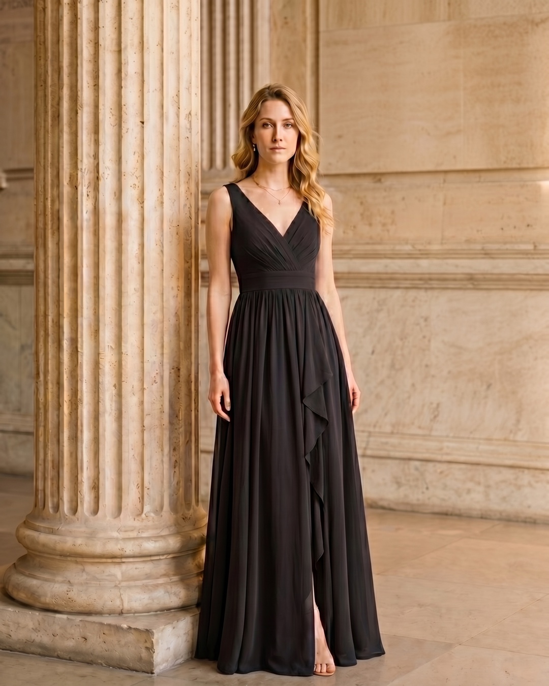 Cassia V-Neck Pleated Chiffon Gown — A-Line Maxi with Cascade Slit in Basalt — Hugo Caesar Tassi