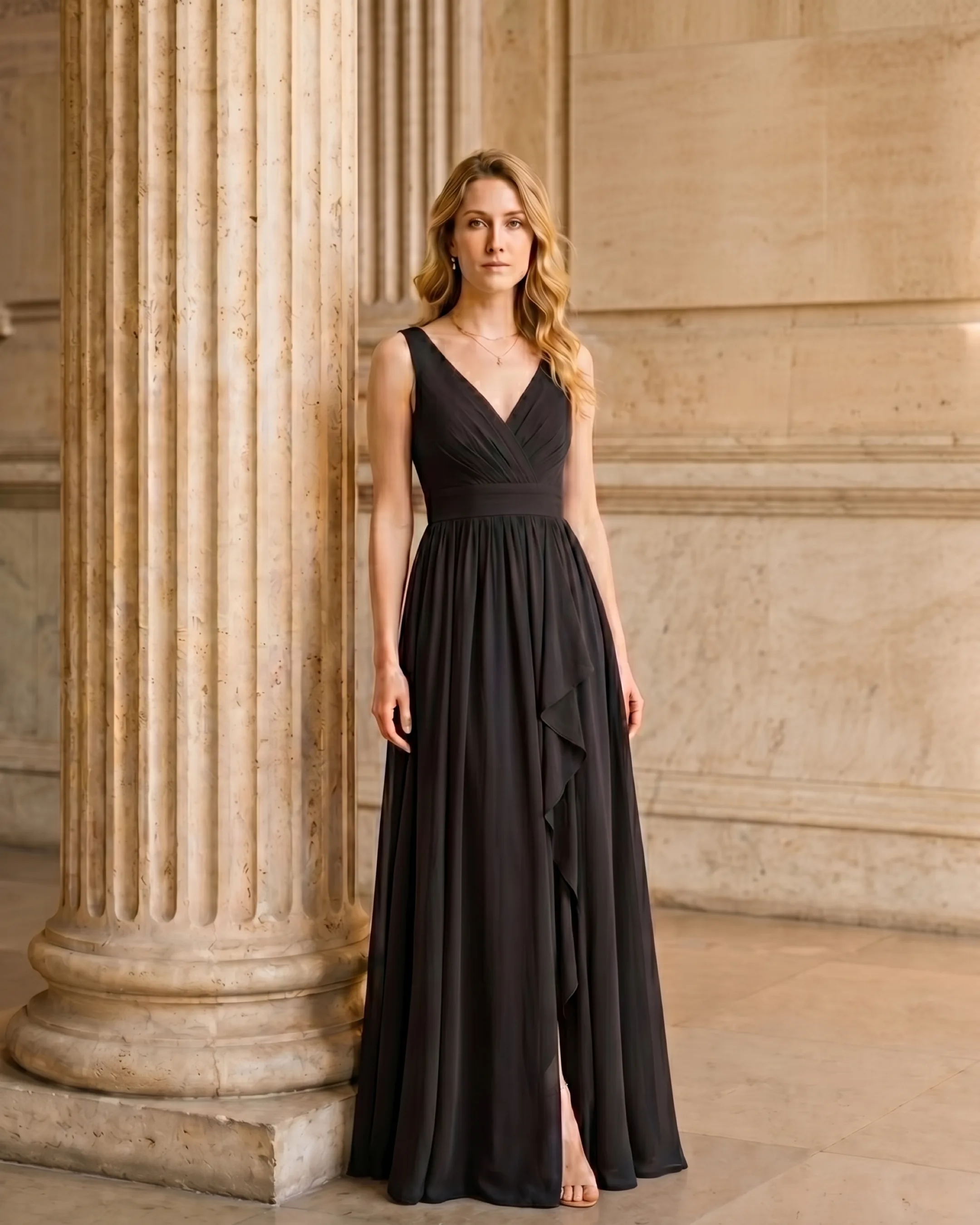 Cassia V-Neck Pleated Chiffon Gown — A-Line Maxi with Cascade Slit in Basalt — Hugo Caesar Tassi