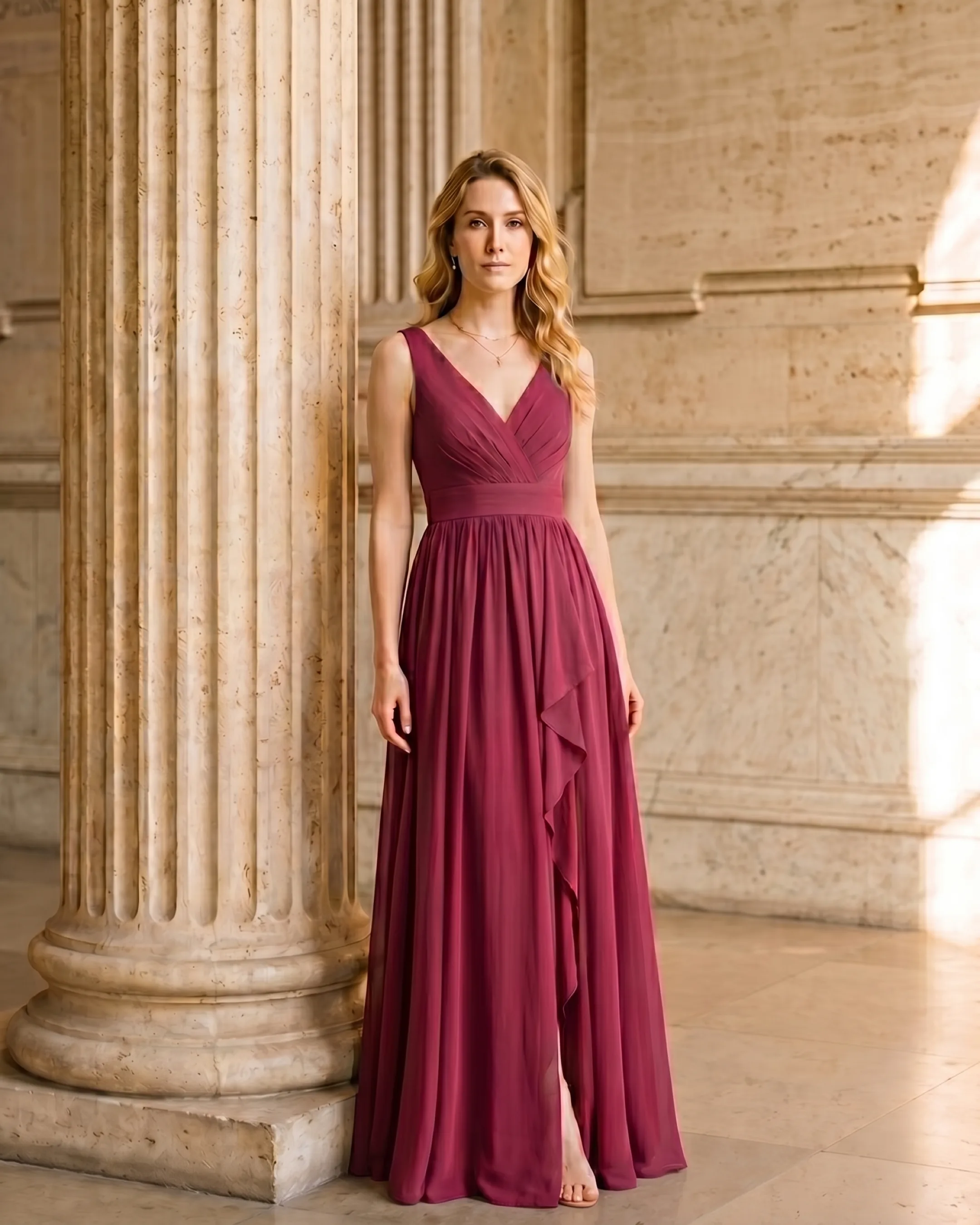 Cassia V-Neck Pleated Chiffon Gown — A-Line Maxi with Cascade Slit in Cornelia — Hugo Caesar Tassi