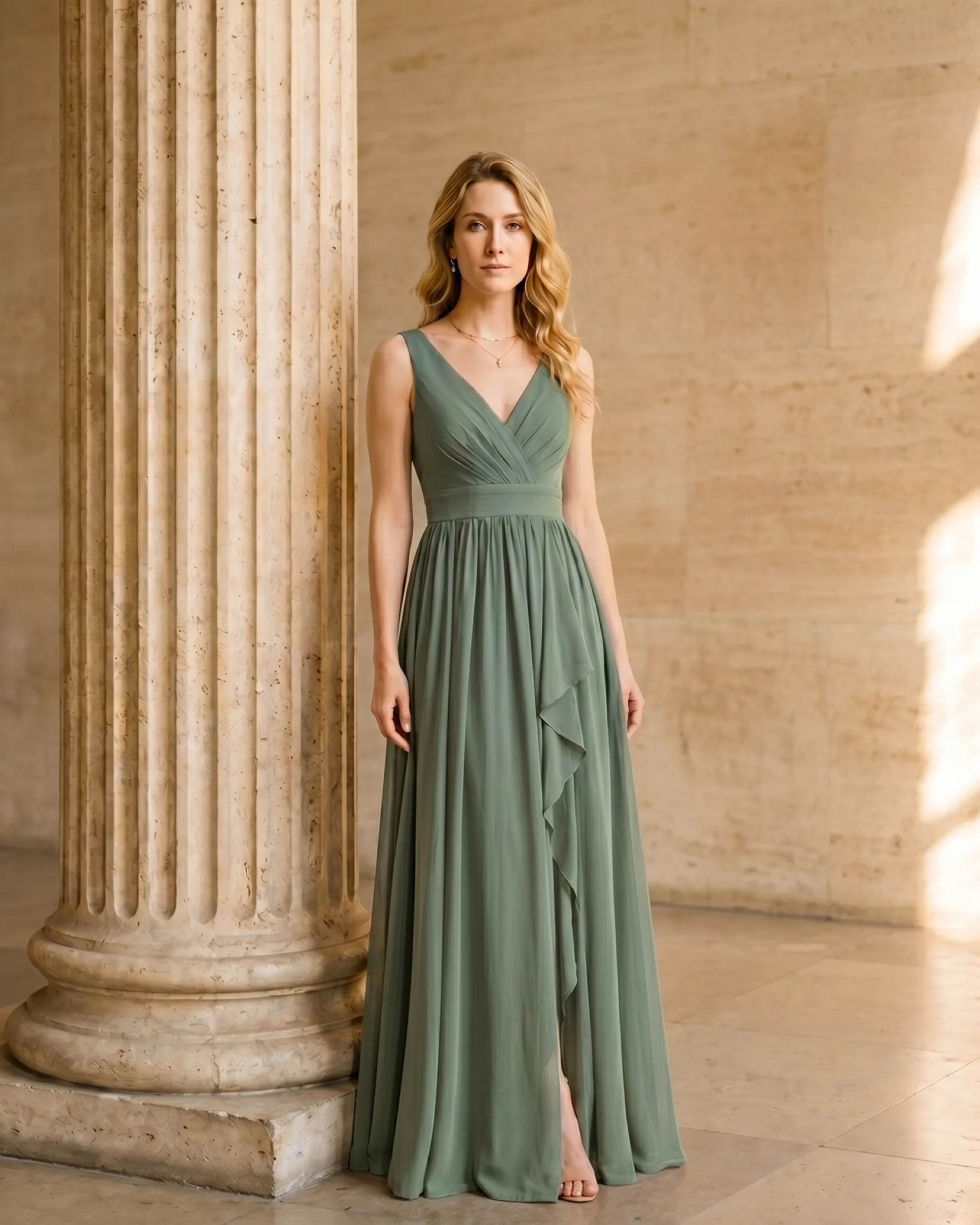 Cassia V-Neck Pleated Chiffon Gown — A-Line Maxi with Cascade Slit in Verde Antico — Hugo Caesar Tassi