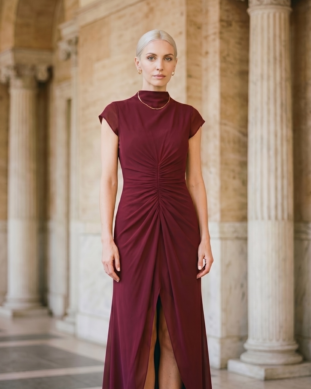 A Hugo Caesar Tassi model in the deep-wine Porpora pleated evening gown, photographed in a Roman travertine studio