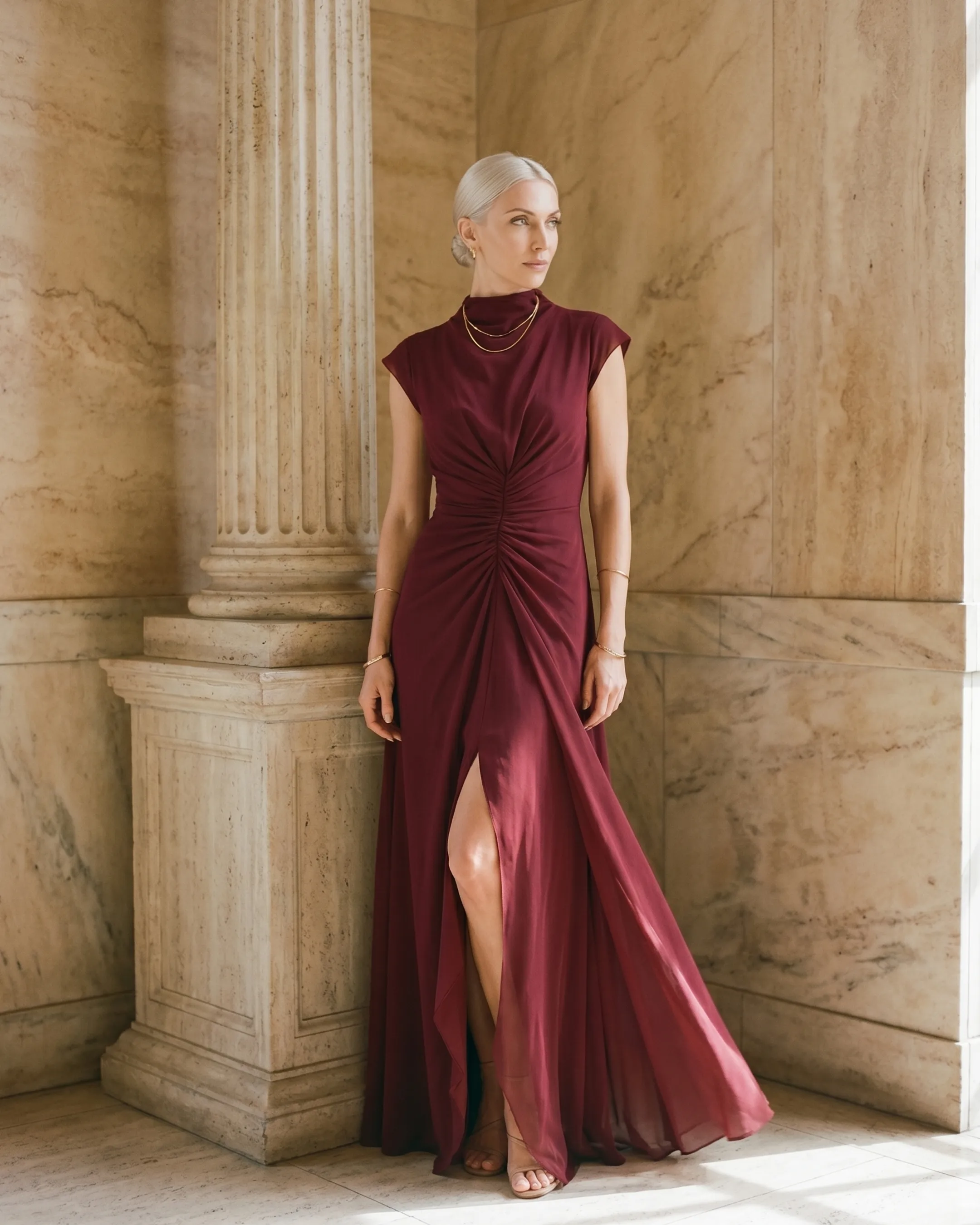 Editorial portrait of the Hugo Caesar Tassi Claudia pleated slit maxi evening gown in Porpora wine-red chiffon among Roman travertine columns