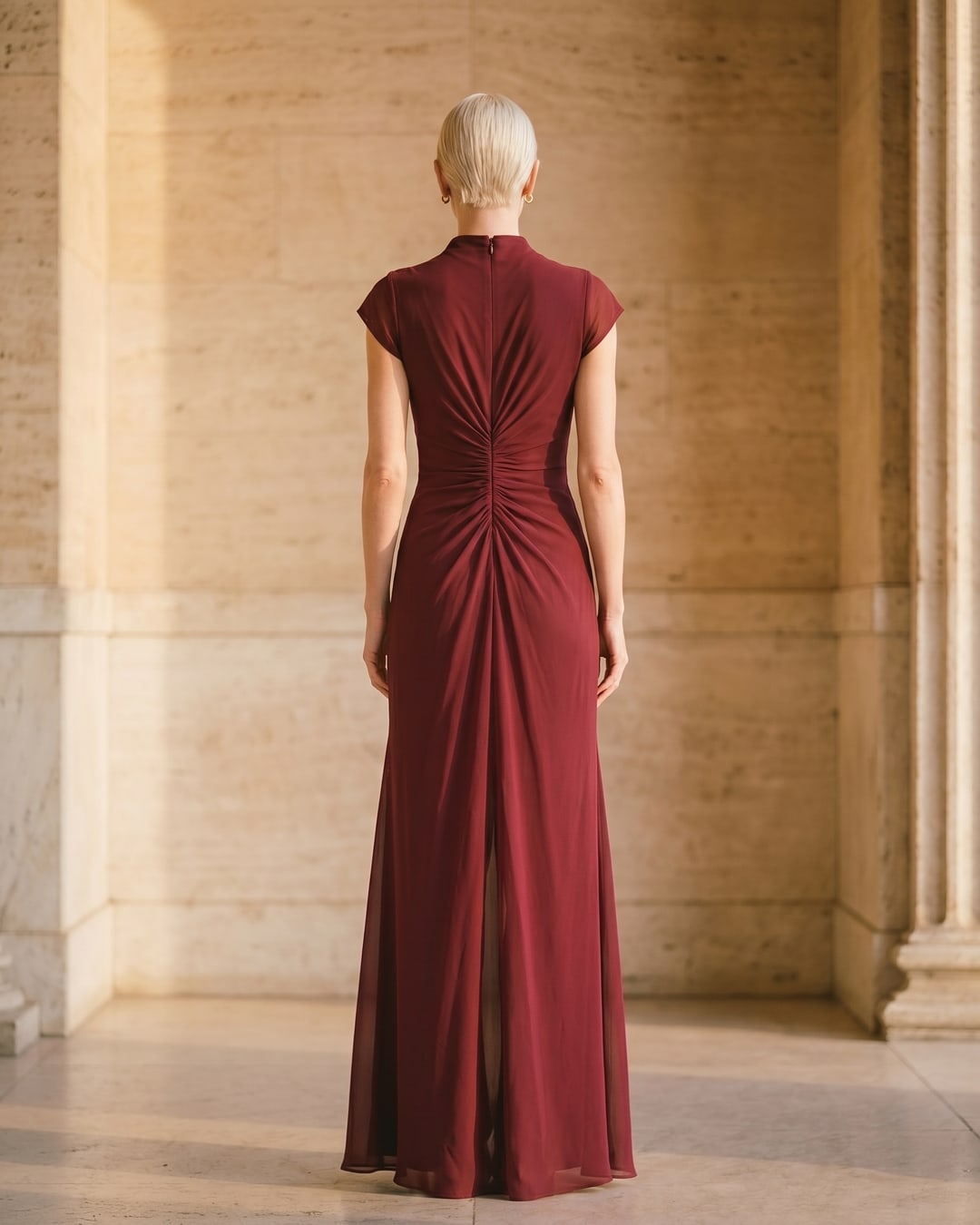 Full-length rear view of the Hugo Caesar Tassi Claudia pleated slit maxi evening gown in Porpora wine-red chiffon, seen from behind, showing the back of the dress, the high draped mock neck, ruched waist and floor-skimming column skirt in a Roman travertine studio