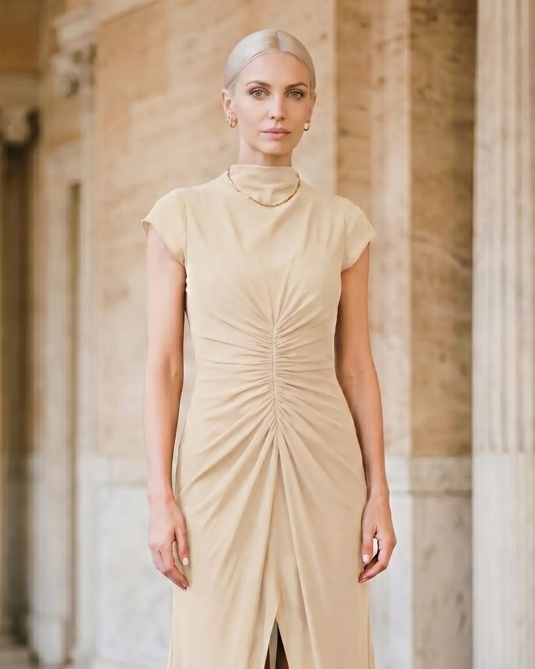 Claudia Pleated Slit Maxi Evening Gown in Chiffon in Avorio — Hugo Caesar Tassi