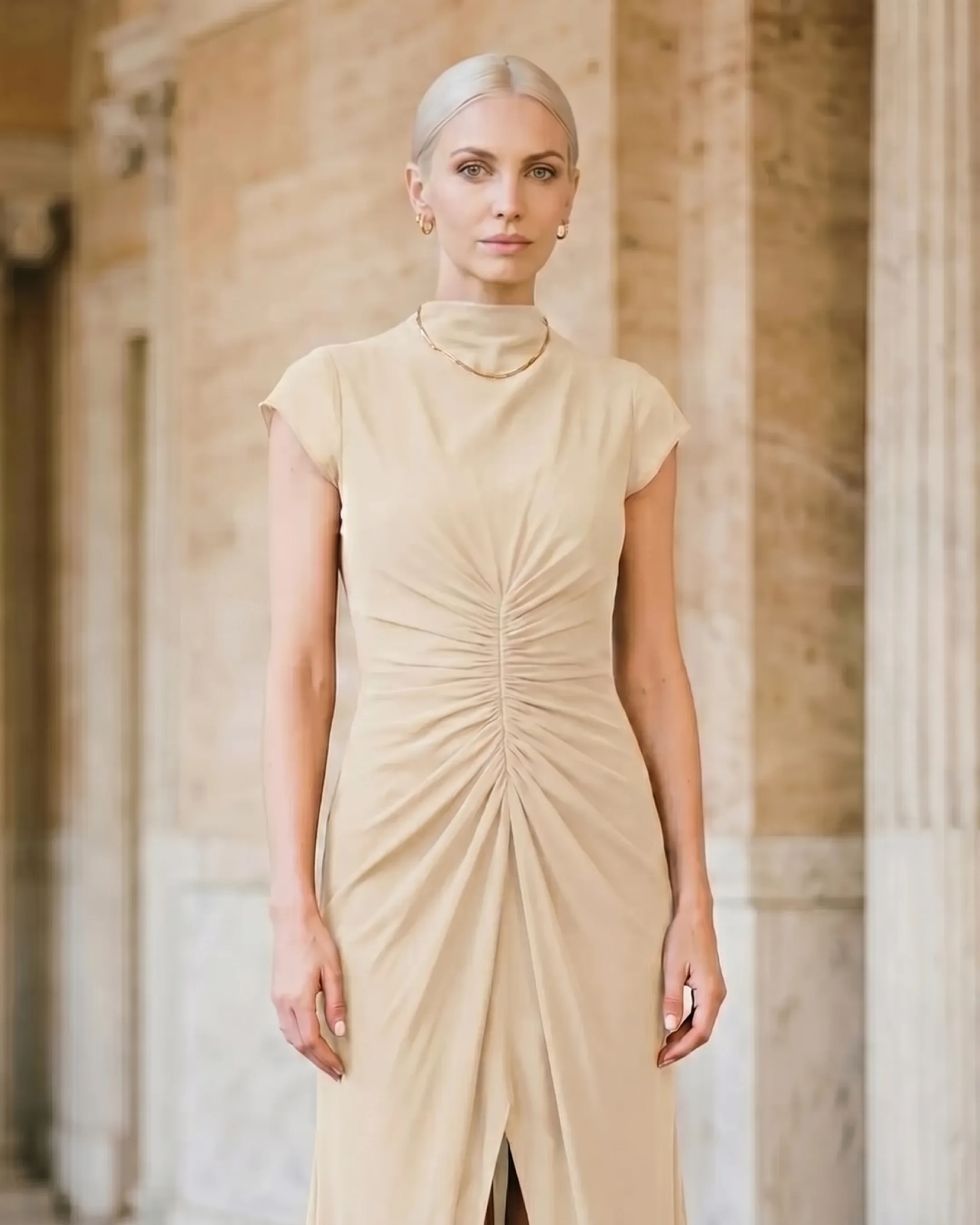 Claudia Pleated Slit Maxi Evening Gown in Chiffon in Avorio — Hugo Caesar Tassi