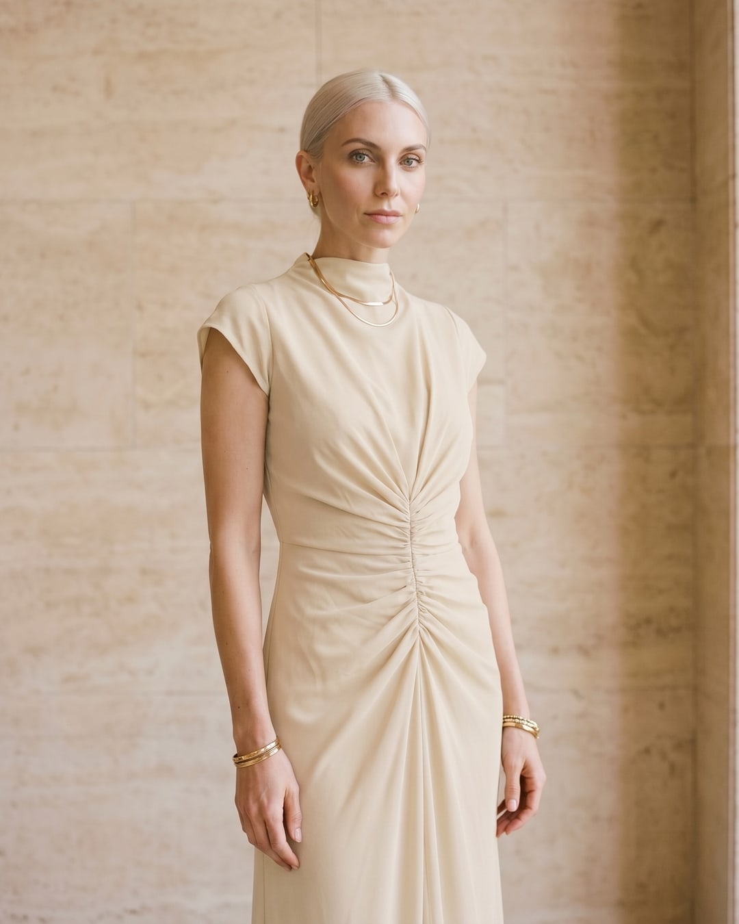 Claudia Pleated Slit Maxi Evening Gown in Chiffon in Avorio — Hugo Caesar Tassi