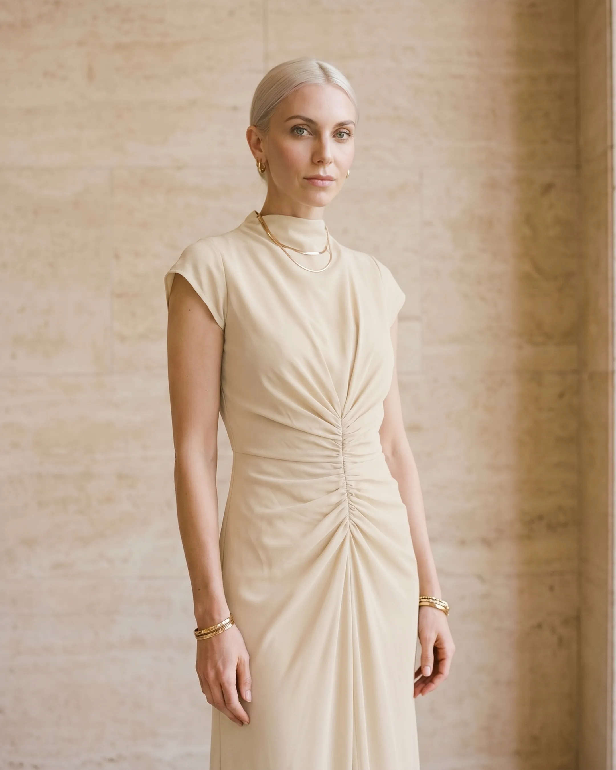 Claudia Pleated Slit Maxi Evening Gown in Chiffon in Avorio — Hugo Caesar Tassi