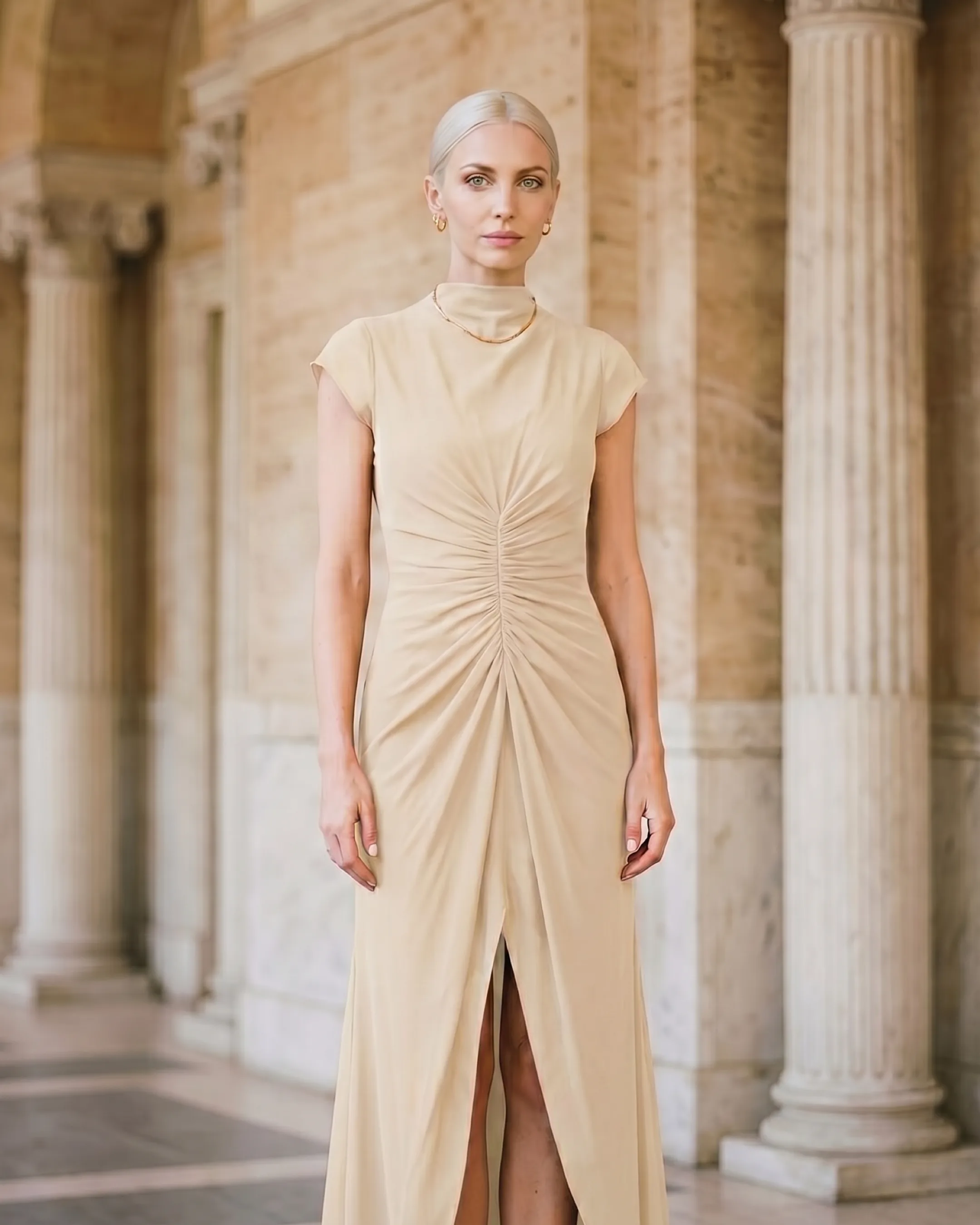 Claudia Pleated Slit Maxi Evening Gown in Chiffon in Avorio — Hugo Caesar Tassi