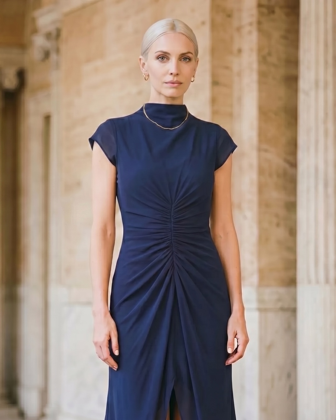 Claudia Pleated Slit Maxi Evening Gown in Chiffon in Cobalto — Hugo Caesar Tassi