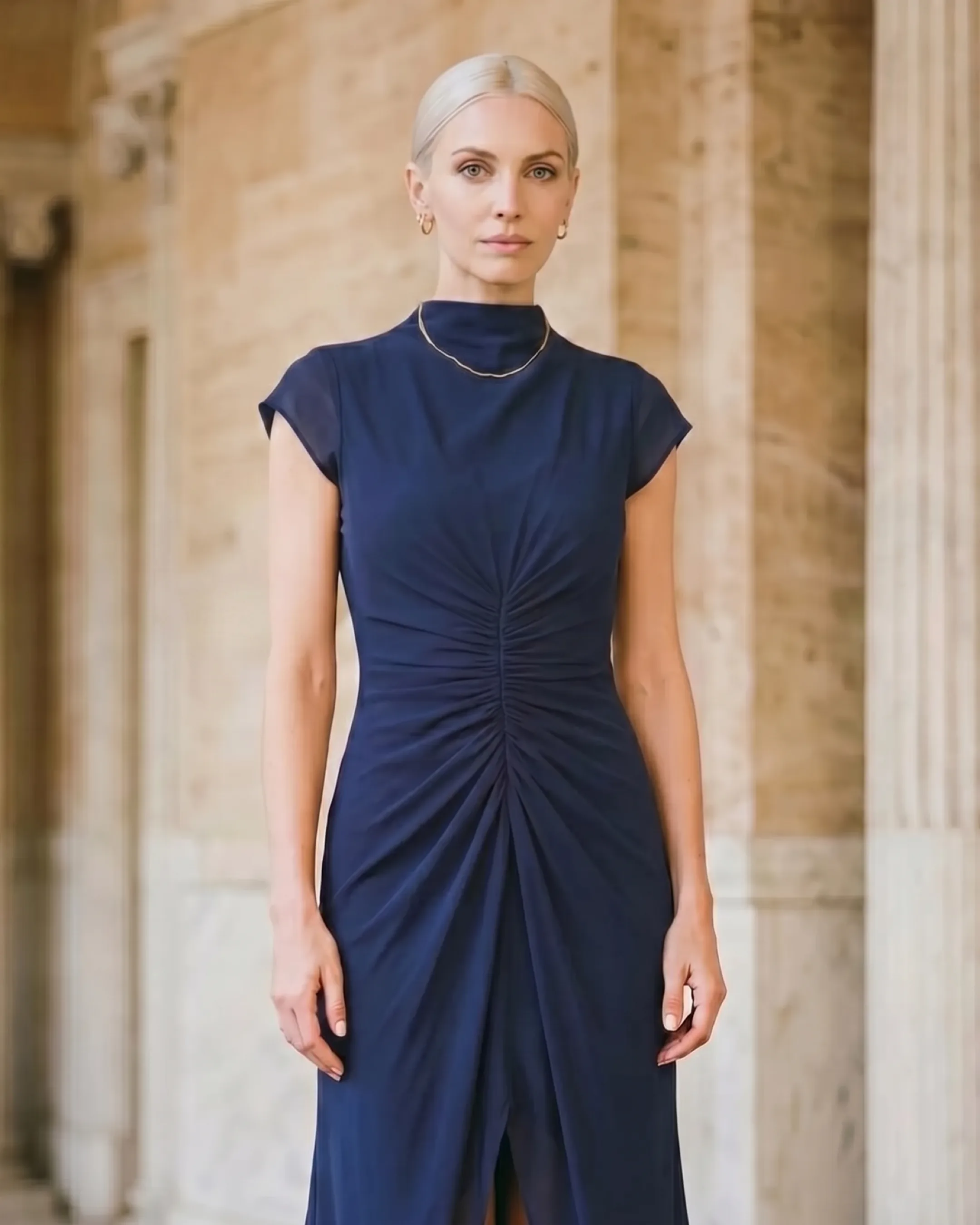 Claudia Pleated Slit Maxi Evening Gown in Chiffon in Cobalto — Hugo Caesar Tassi