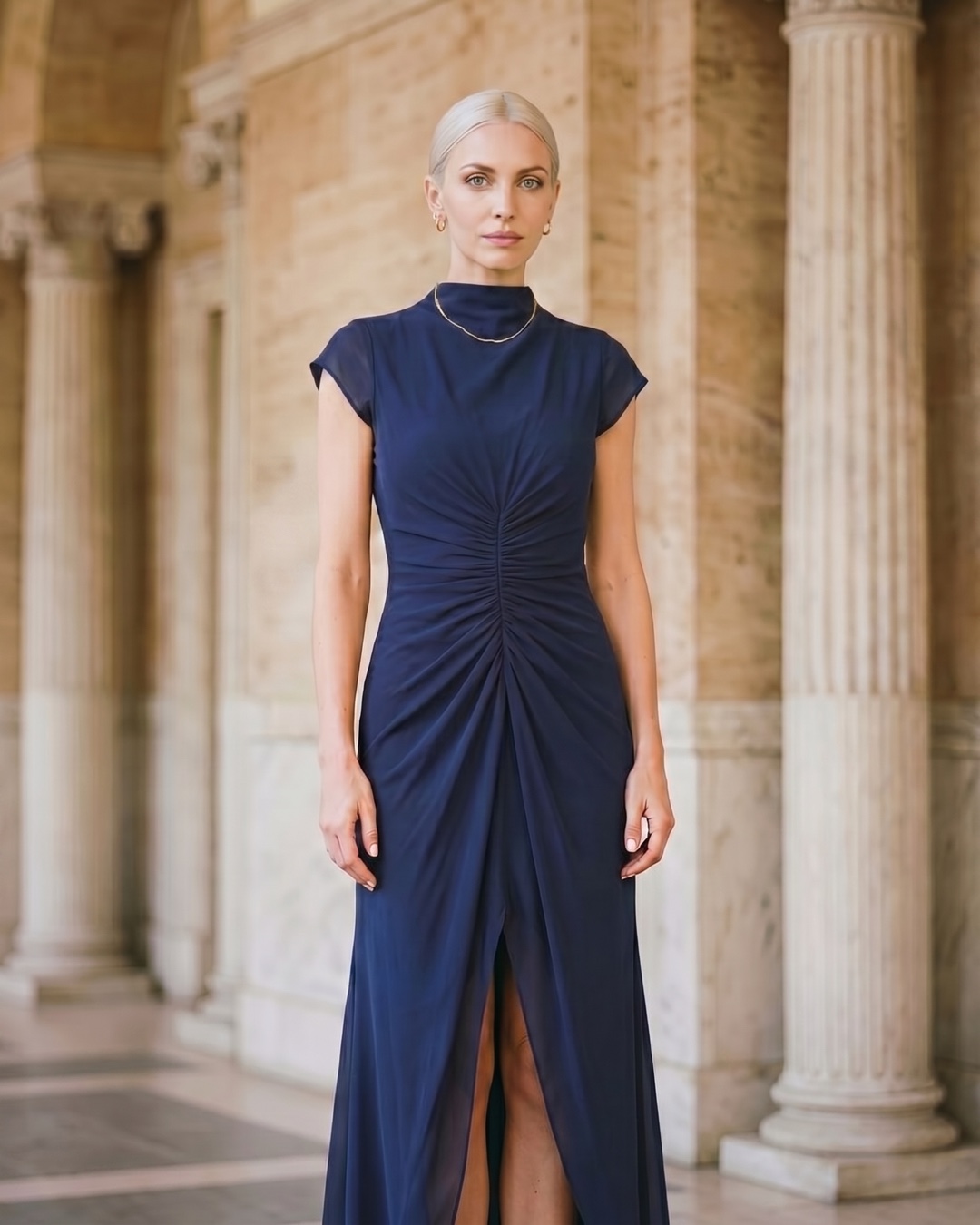 Claudia Pleated Slit Maxi Evening Gown in Chiffon in Cobalto — Hugo Caesar Tassi