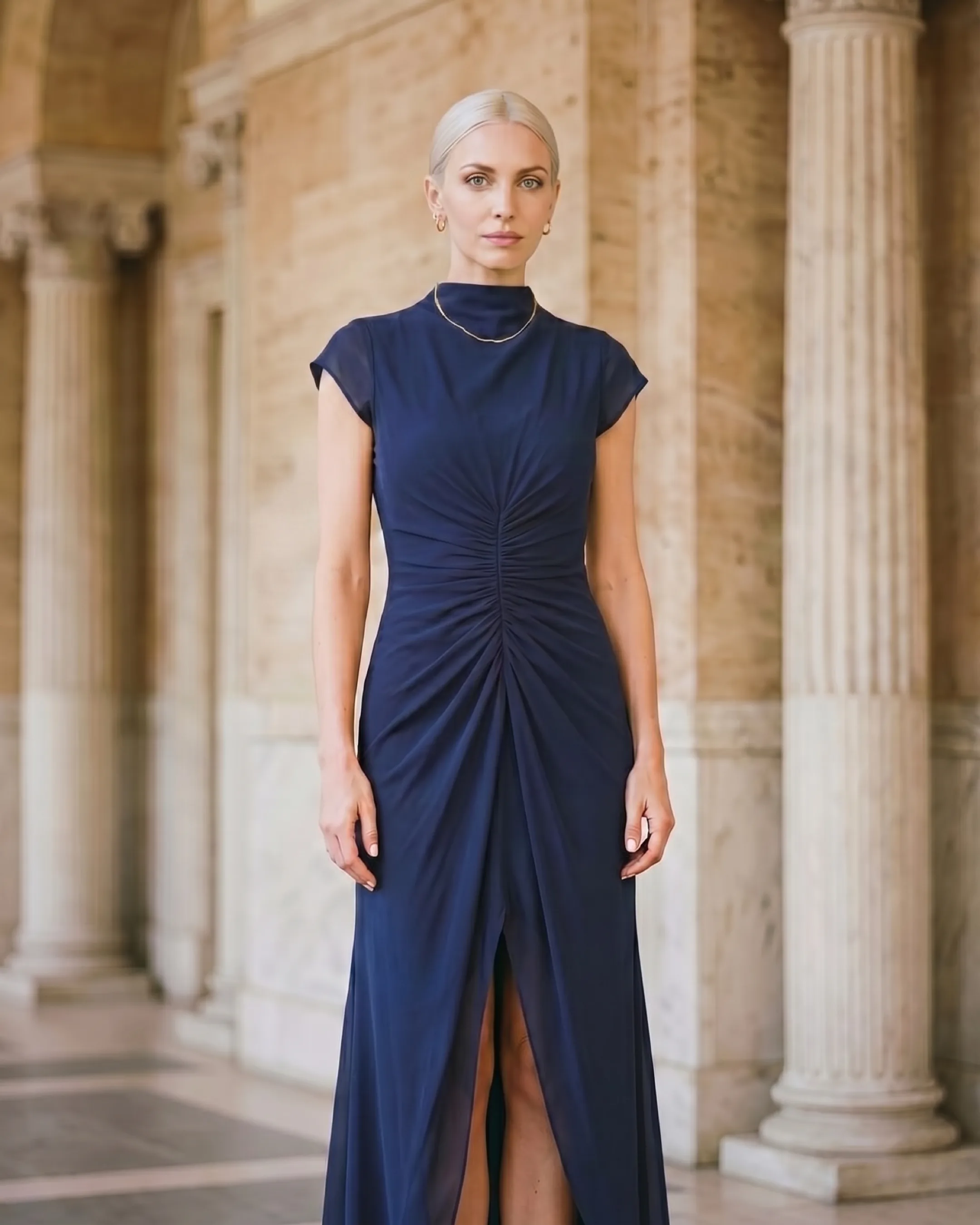 Claudia Pleated Slit Maxi Evening Gown in Chiffon in Cobalto — Hugo Caesar Tassi