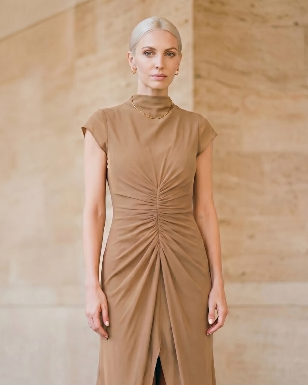Claudia Pleated Slit Maxi Evening Gown in Chiffon in Travertine — Hugo Caesar Tassi