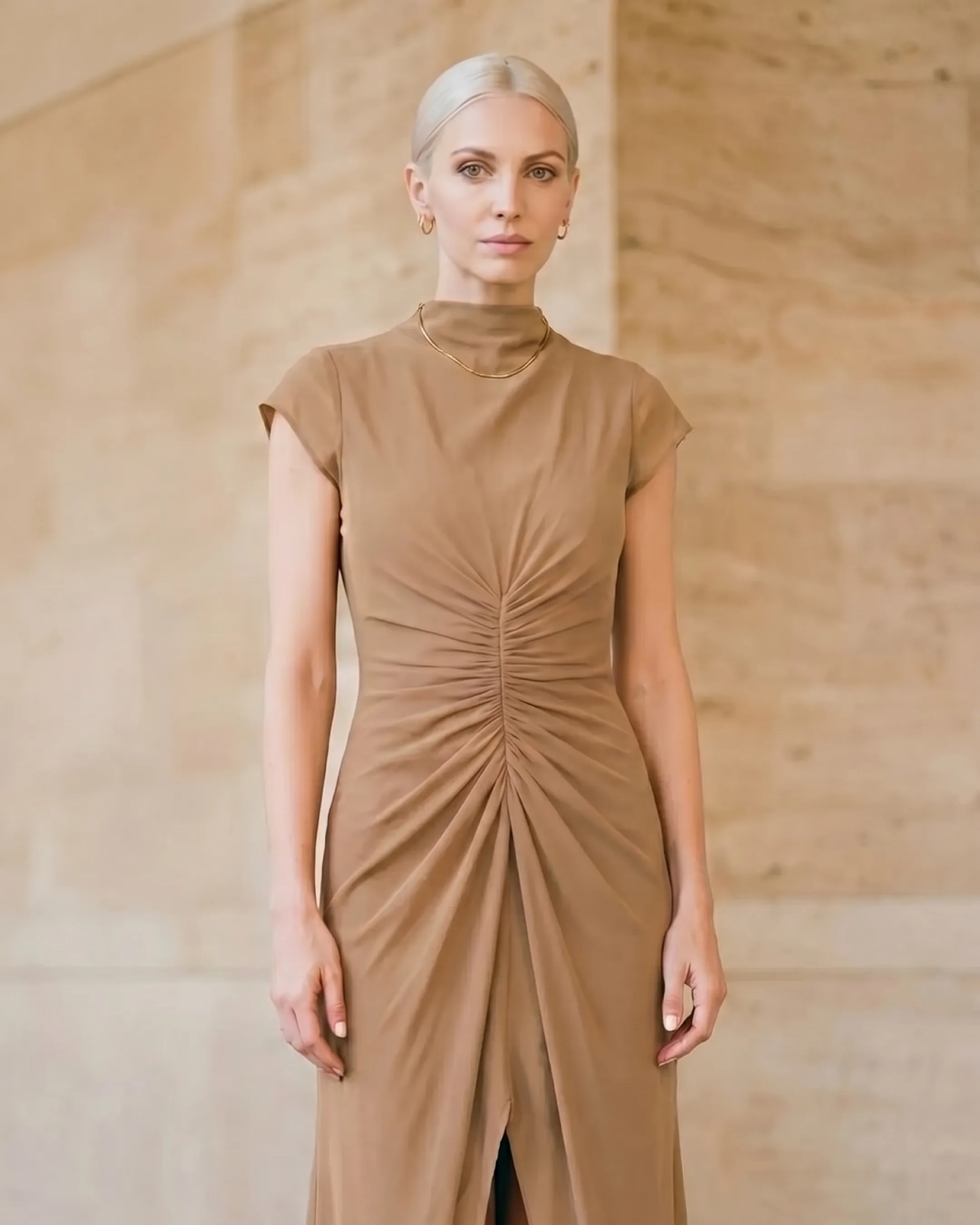 Claudia Pleated Slit Maxi Evening Gown in Chiffon in Travertine — Hugo Caesar Tassi