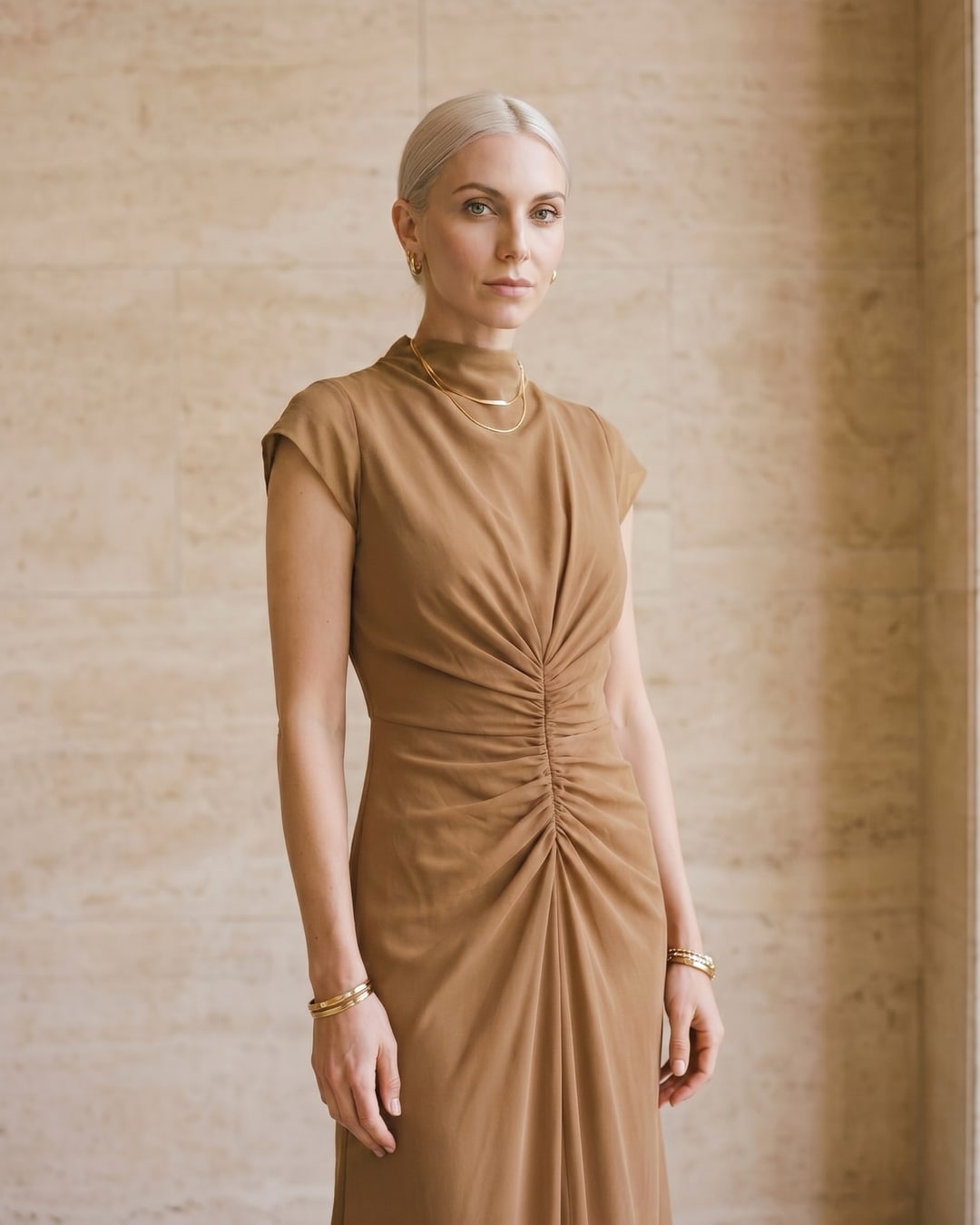 Claudia Pleated Slit Maxi Evening Gown in Chiffon in Travertine — Hugo Caesar Tassi