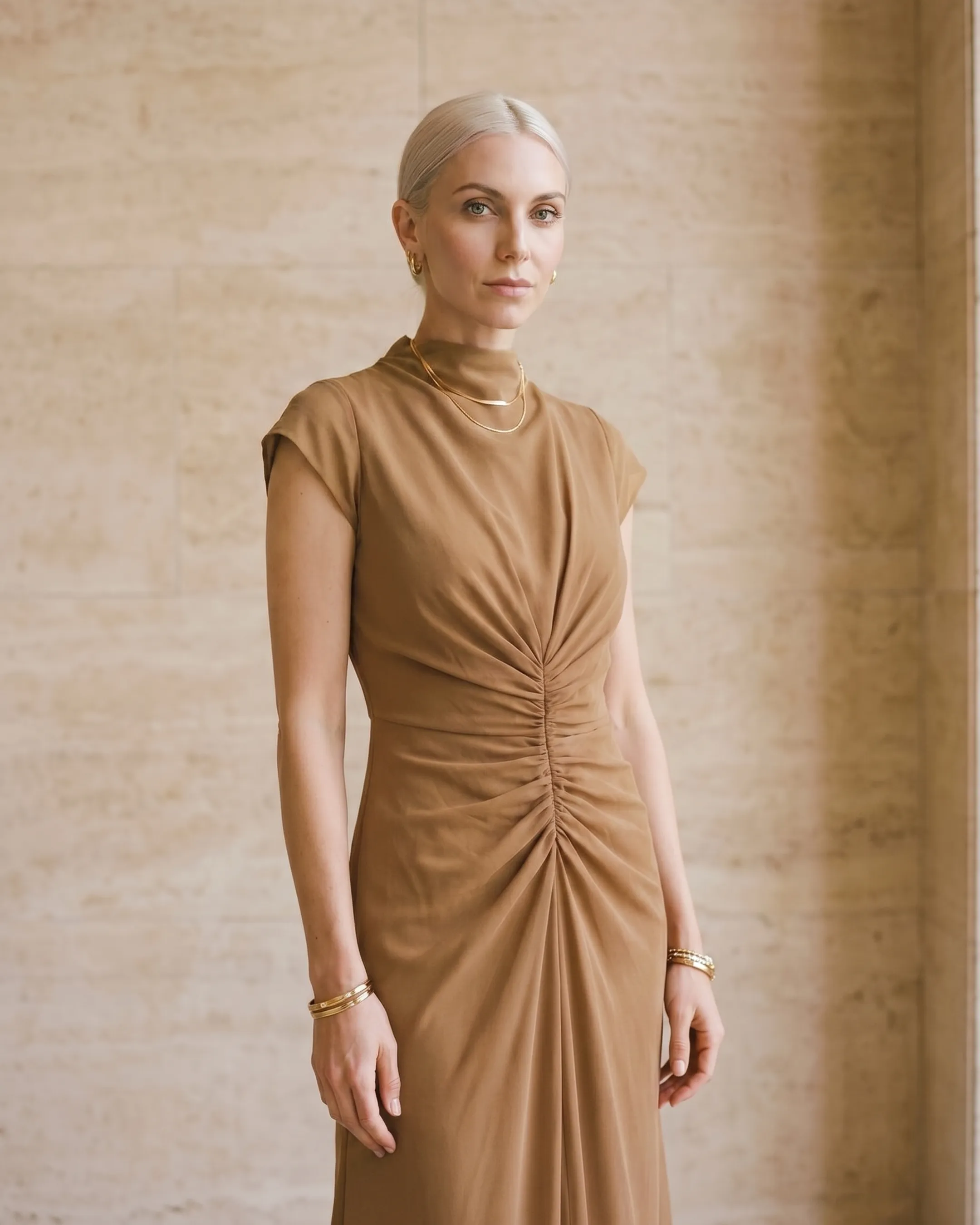 Claudia Pleated Slit Maxi Evening Gown in Chiffon in Travertine — Hugo Caesar Tassi