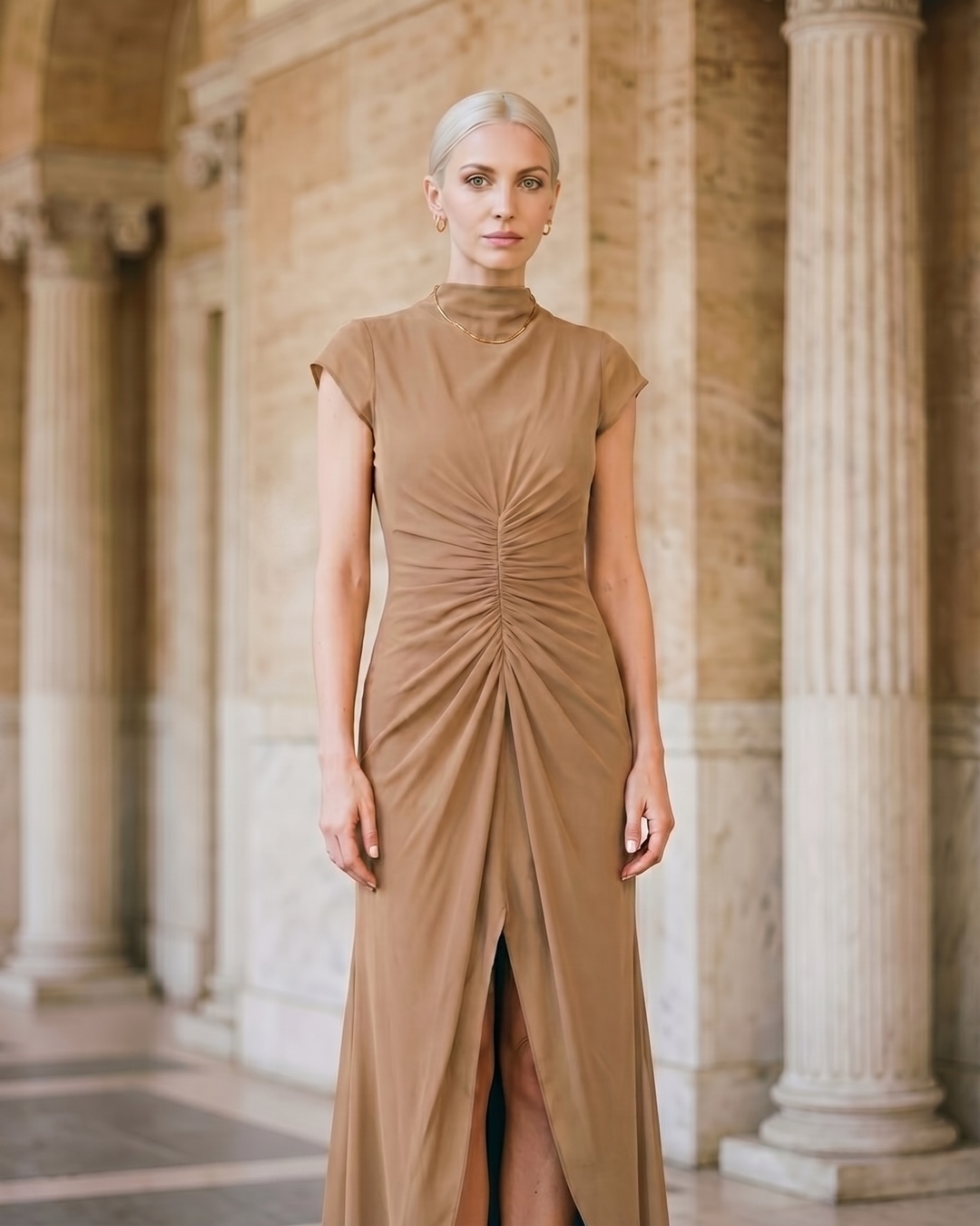 Claudia Pleated Slit Maxi Evening Gown in Chiffon in Travertine — Hugo Caesar Tassi