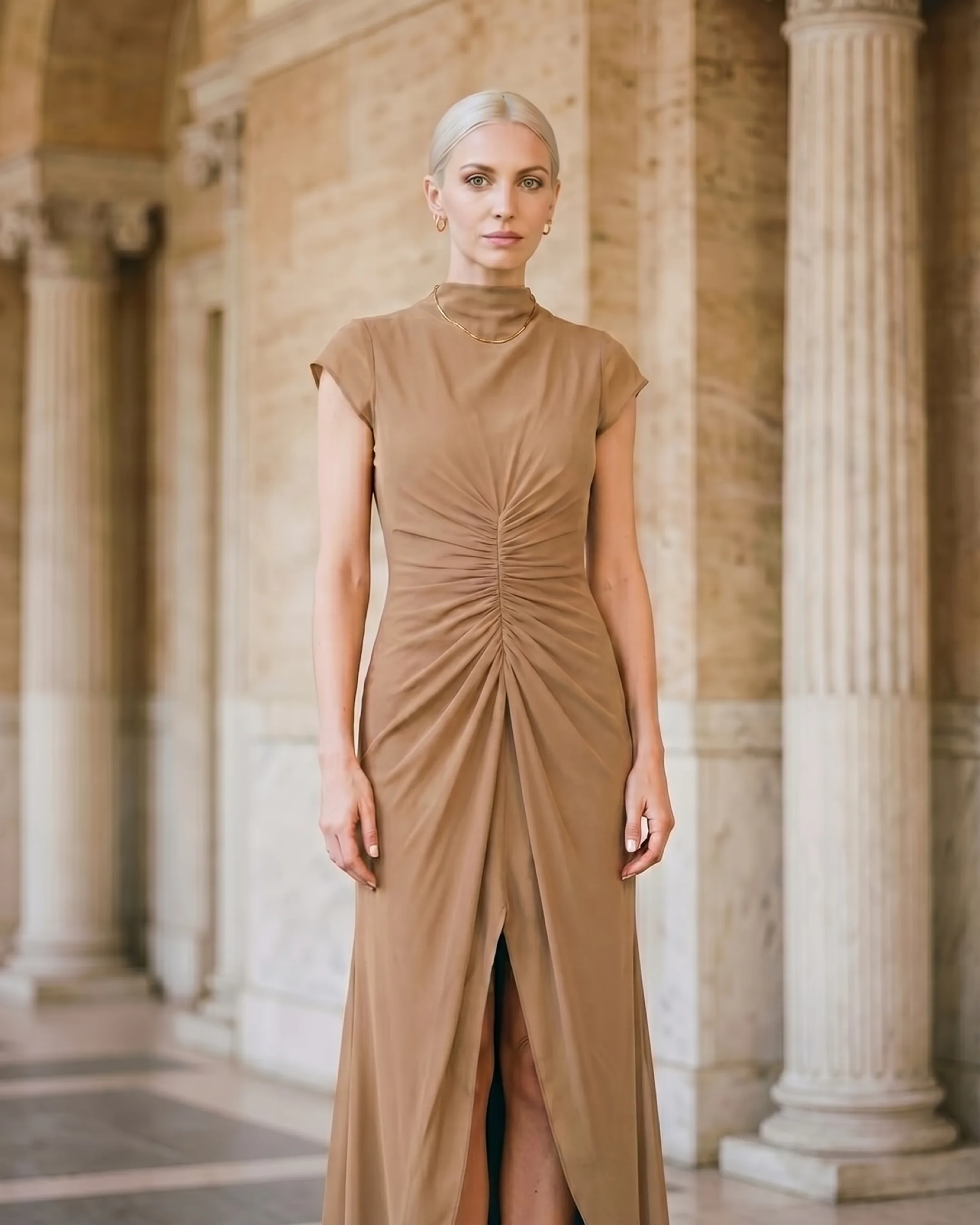 Claudia Pleated Slit Maxi Evening Gown in Chiffon in Travertine — Hugo Caesar Tassi