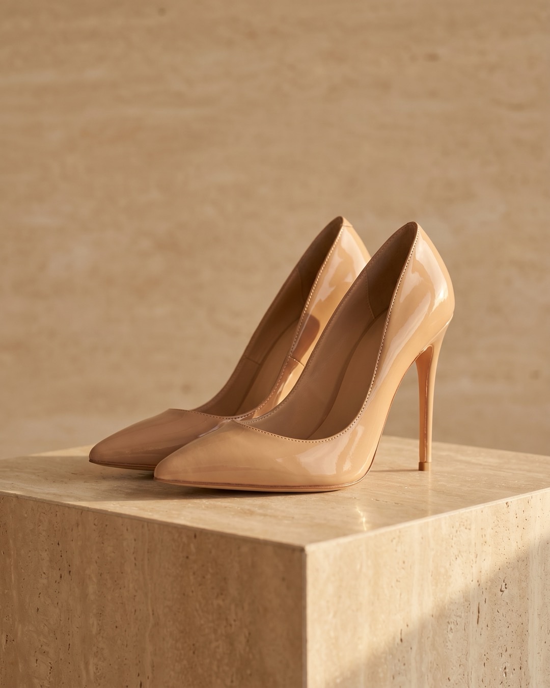 Hugo Caesar Tassi Crispina pointed-toe stiletto court pump in warm nude Travertine high-shine patent, on a warm travertine pedestal