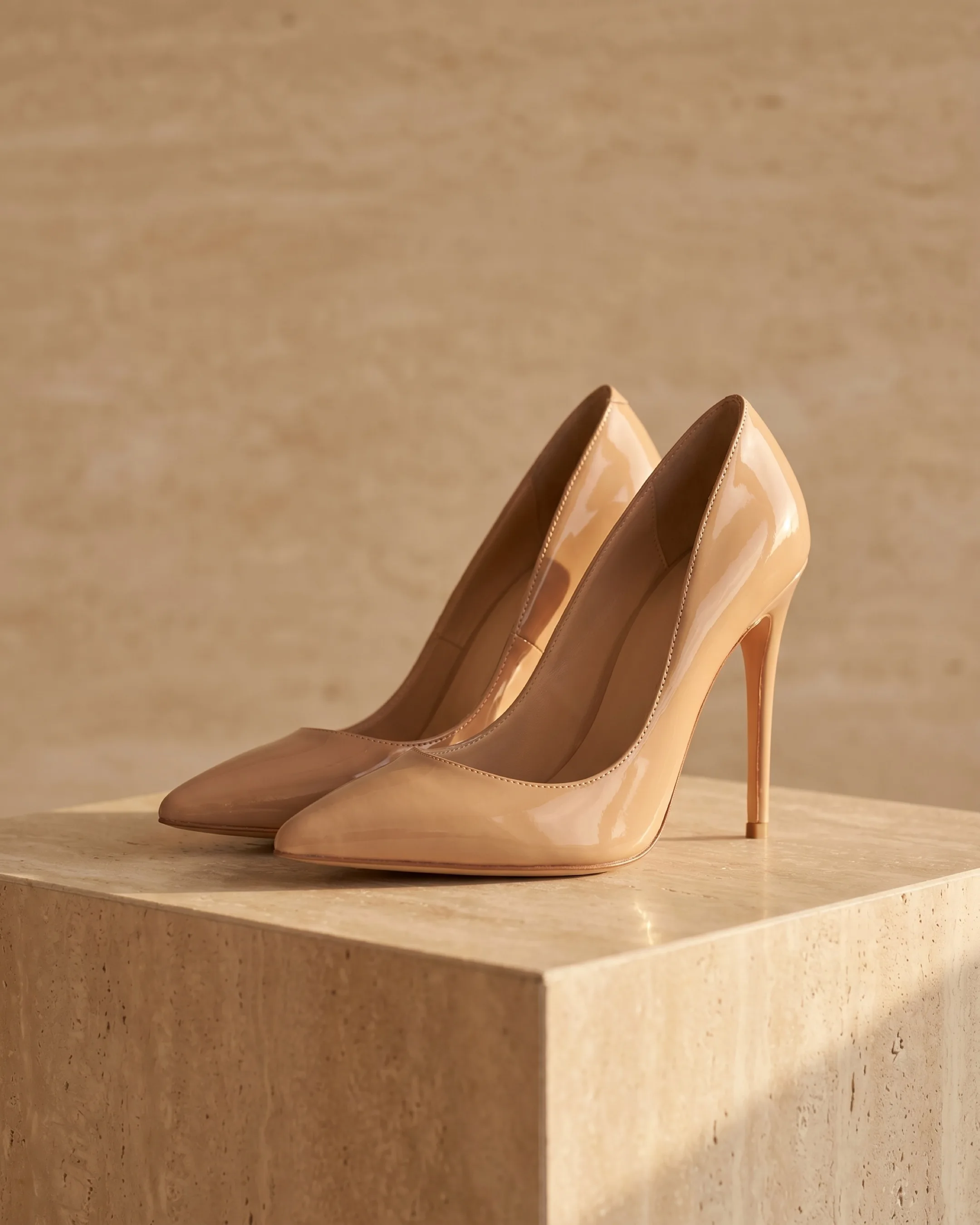 Hugo Caesar Tassi Crispina pointed-toe stiletto court pump in warm nude Travertine high-shine patent, on a warm travertine pedestal
