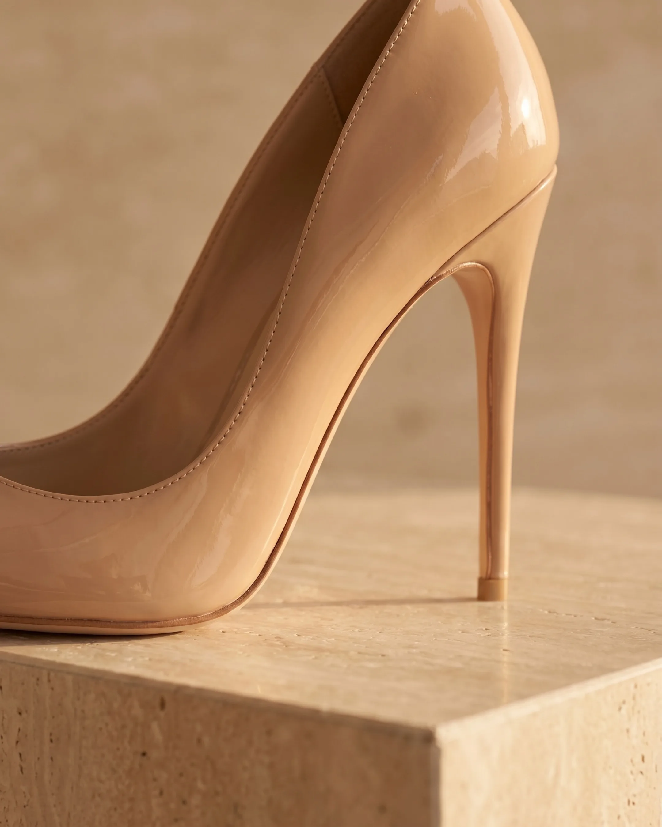 Hugo Caesar Tassi Crispina macro of the sharply pointed toe, glossy nude patent and slim super-high stiletto heel