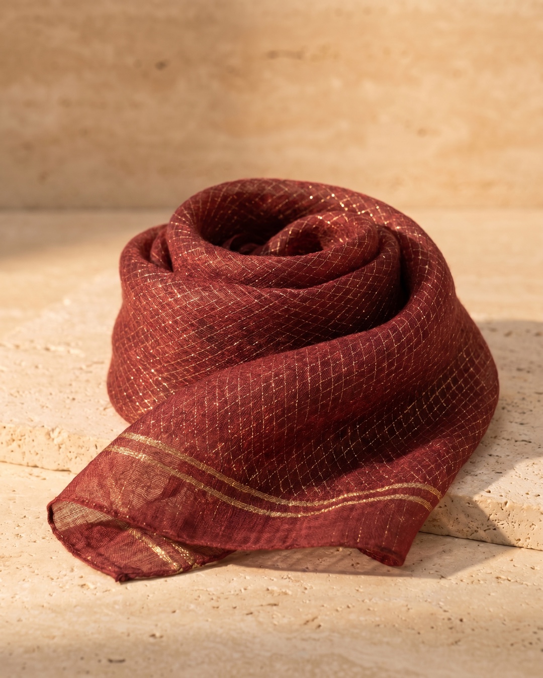 Hugo Caesar Tassi Cumae square scarf in Porpora wine, folded on a warm travertine surface showing the gold-thread baroque rhombus lattice