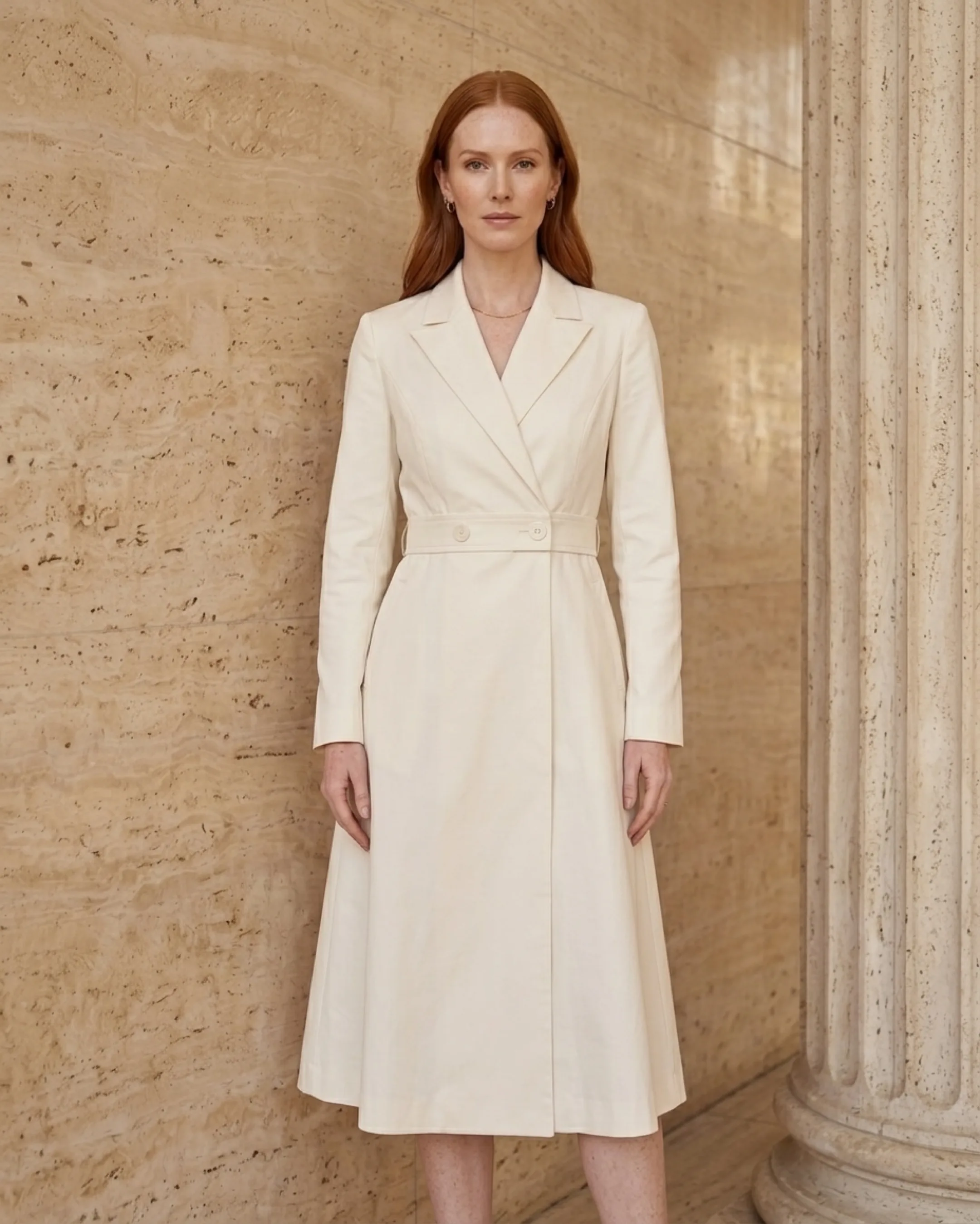 Hugo Caesar Tassi Drusilla belted tailored coat-dress in Travertine cream, full-length front view