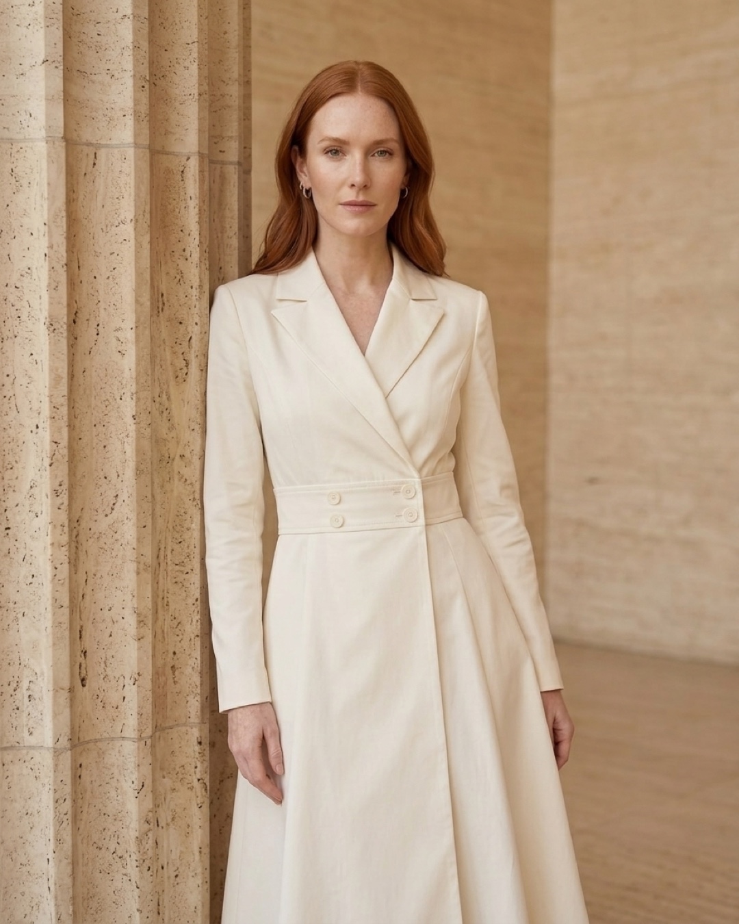 Hugo Caesar Tassi Drusilla coat-dress in Travertine beside a travertine column in golden light
