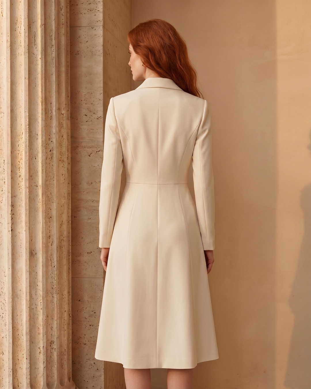 Full-length rear view of the Hugo Caesar Tassi Drusilla coat-dress showing the seamed back waist and A-line skirt
