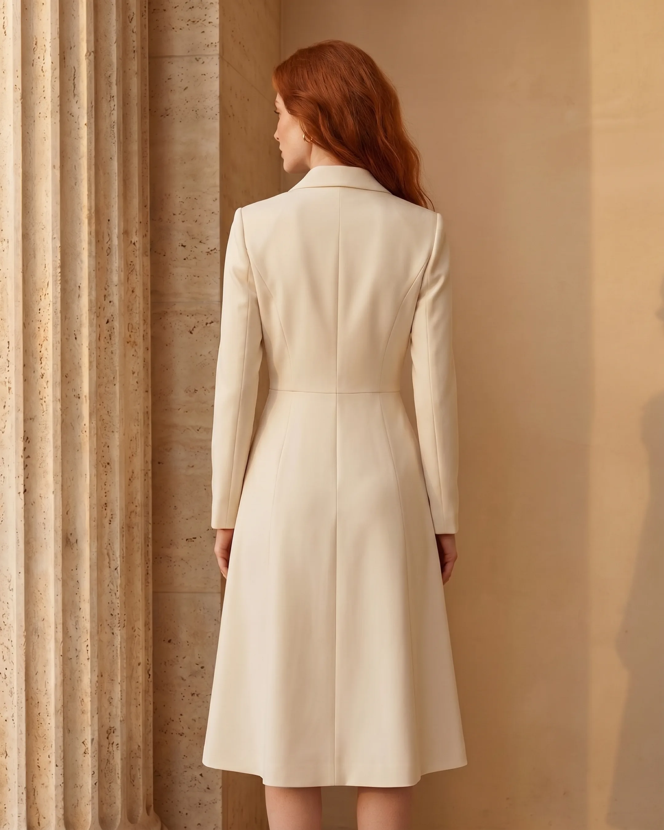 Full-length rear view of the Hugo Caesar Tassi Drusilla coat-dress showing the seamed back waist and A-line skirt