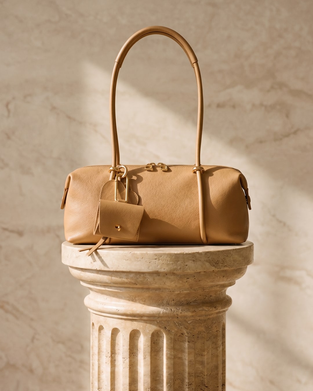 Hugo Caesar Tassi Esquilina structured leather tote bag in Travertine tan on a fluted Roman column pedestal in a warm travertine studio