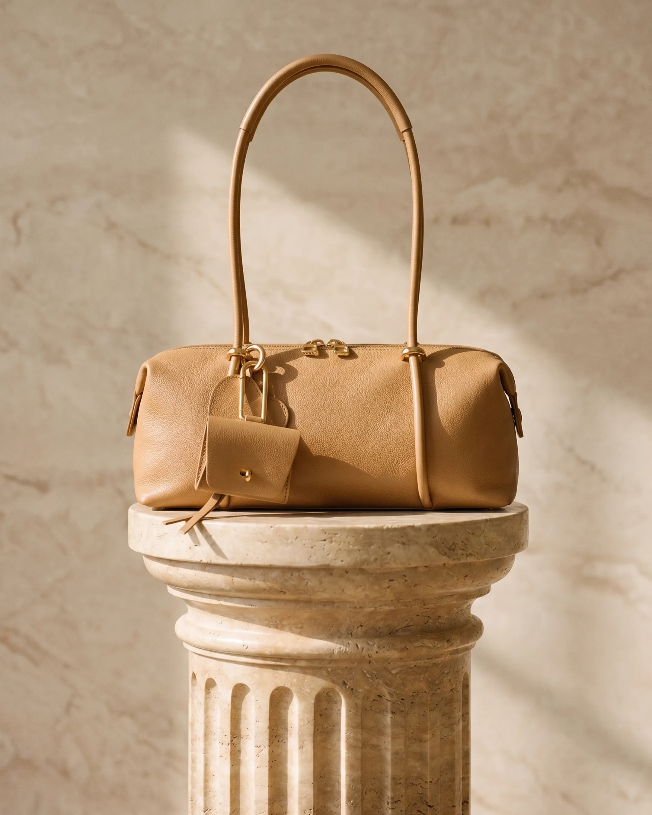 Hugo Caesar Tassi Esquilina structured leather tote bag in Travertine tan on a fluted Roman column pedestal in a warm travertine studio