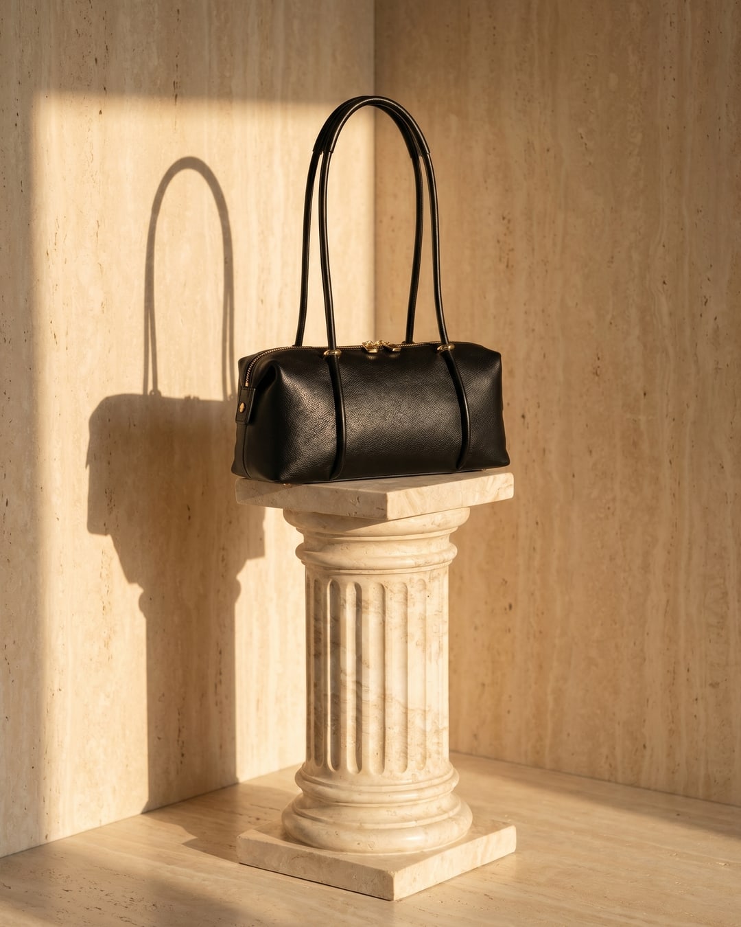Hugo Caesar Tassi Esquilina structured leather tote bag in Basalt black on a fluted Roman column pedestal in sunlit travertine, three-quarter angle