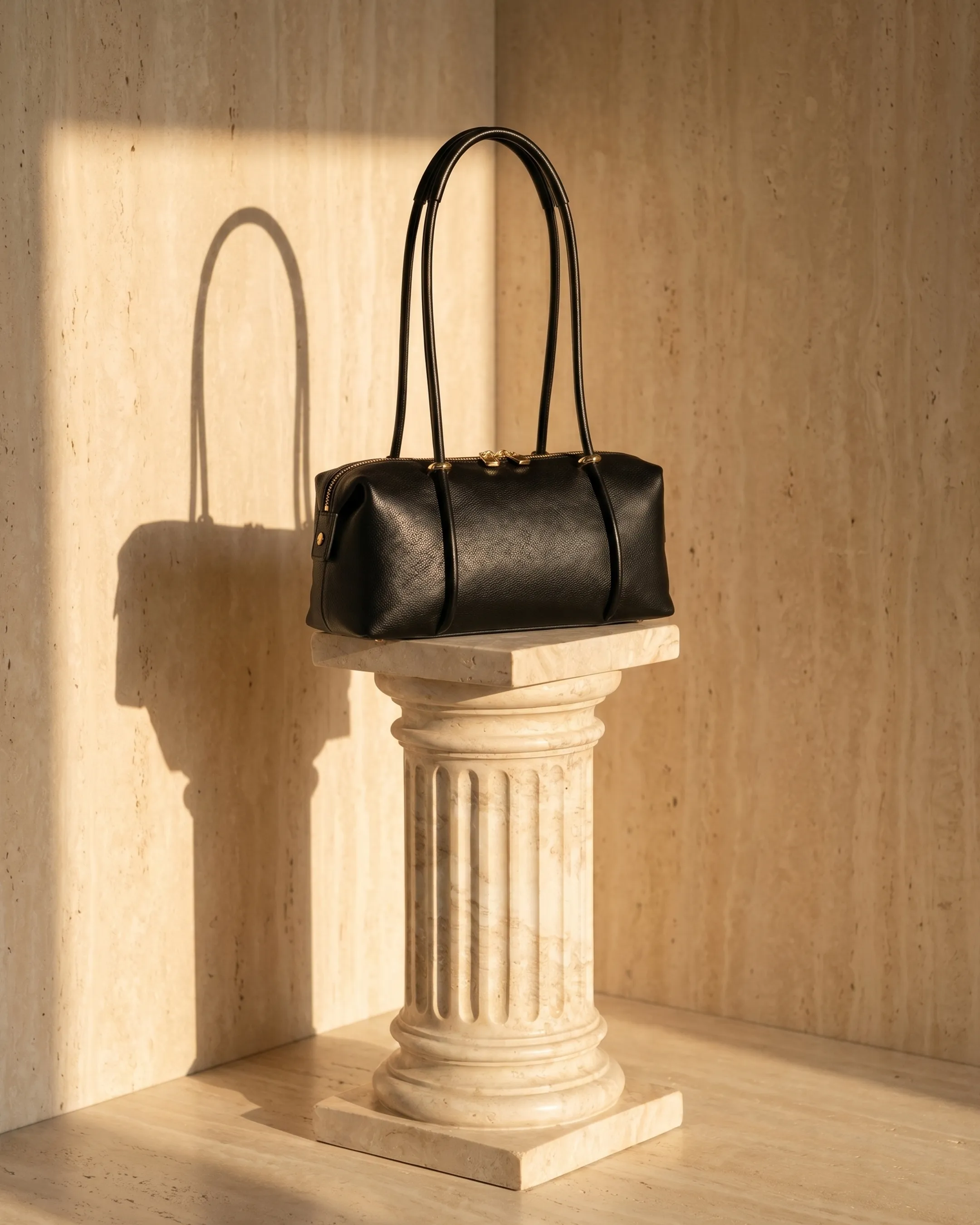 Hugo Caesar Tassi Esquilina structured leather tote bag in Basalt black on a fluted Roman column pedestal in sunlit travertine, three-quarter angle