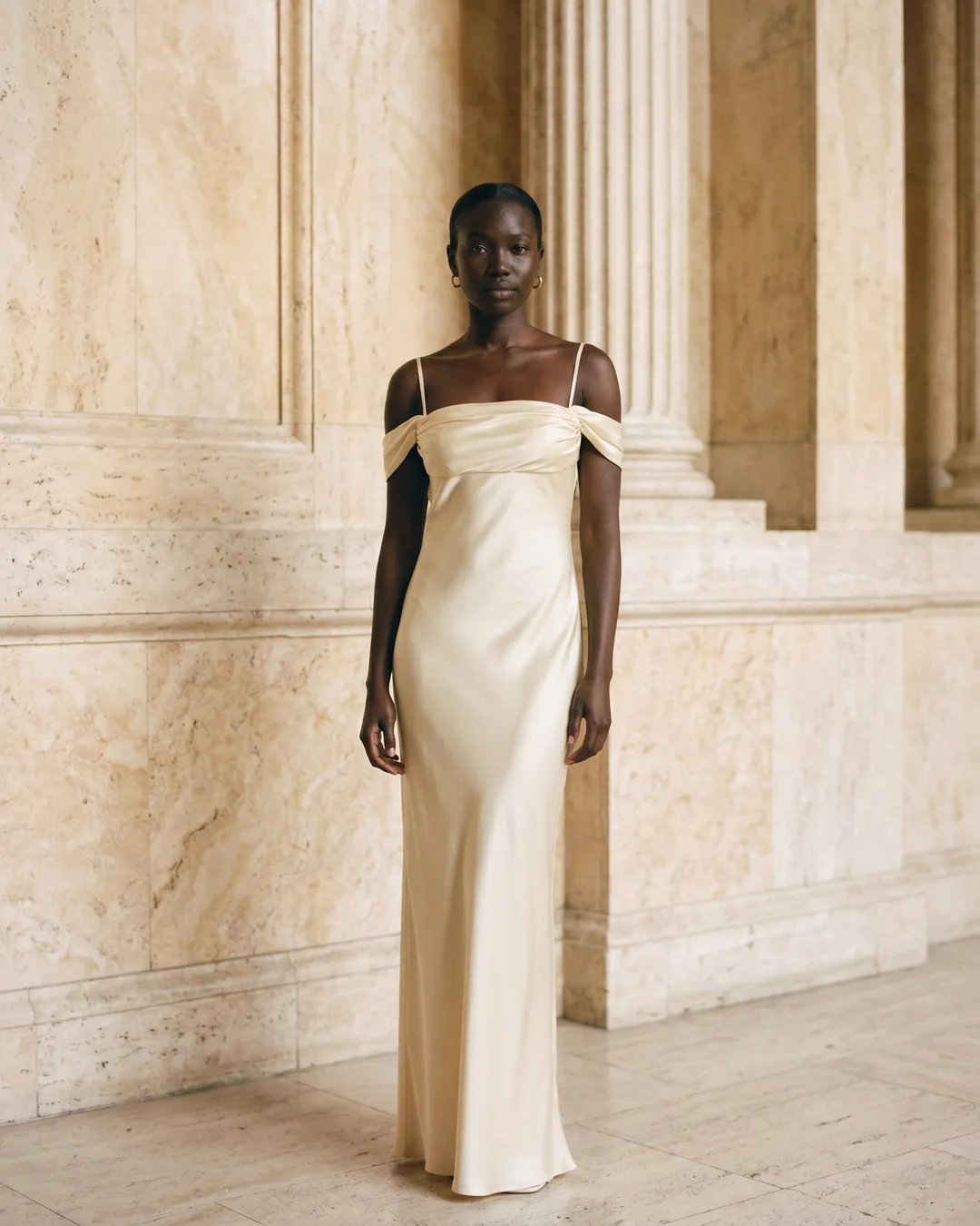 Flavia Strapless Satin Off-Shoulder Gown in Champagne Satin in Avorio — Hugo Caesar Tassi