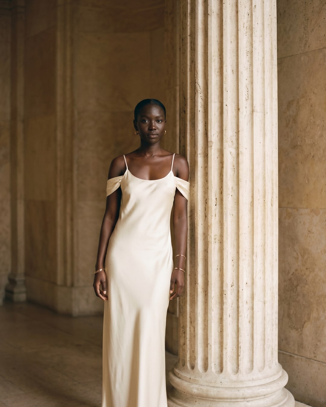 Editorial frame of the Hugo Caesar Tassi Flavia strapless satin off-shoulder gown in champagne Avorio, a model in a warm Roman travertine studio