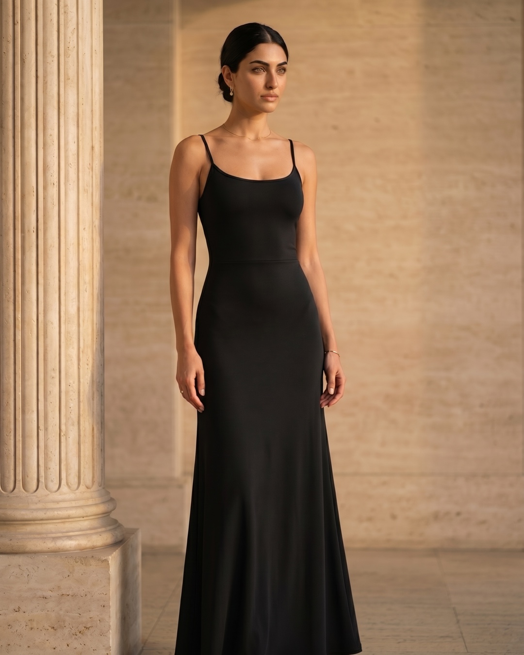 Hugo Caesar Tassi Galla high-waist A-line strap dress in Basalt black, full-length on the model against a warm travertine wall