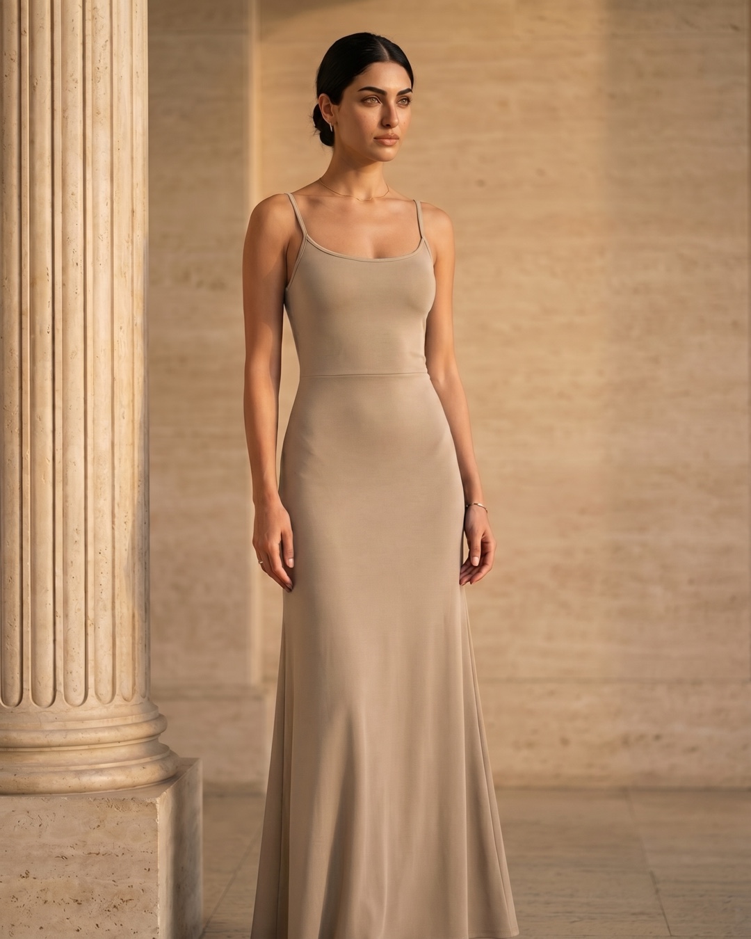 Galla High-Waist A-Line Strap Dress in Travertine — Hugo Caesar Tassi