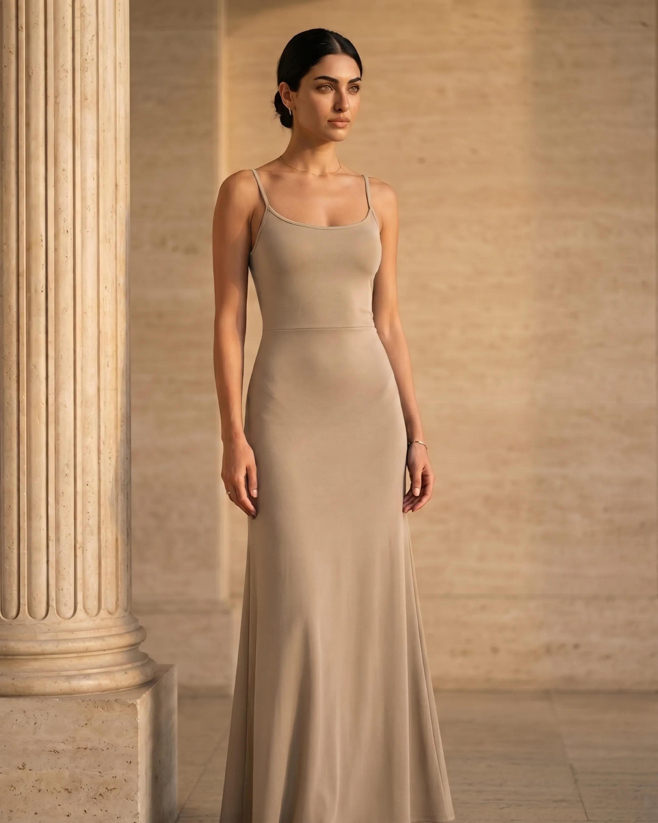 Galla High-Waist A-Line Strap Dress in Travertine — Hugo Caesar Tassi