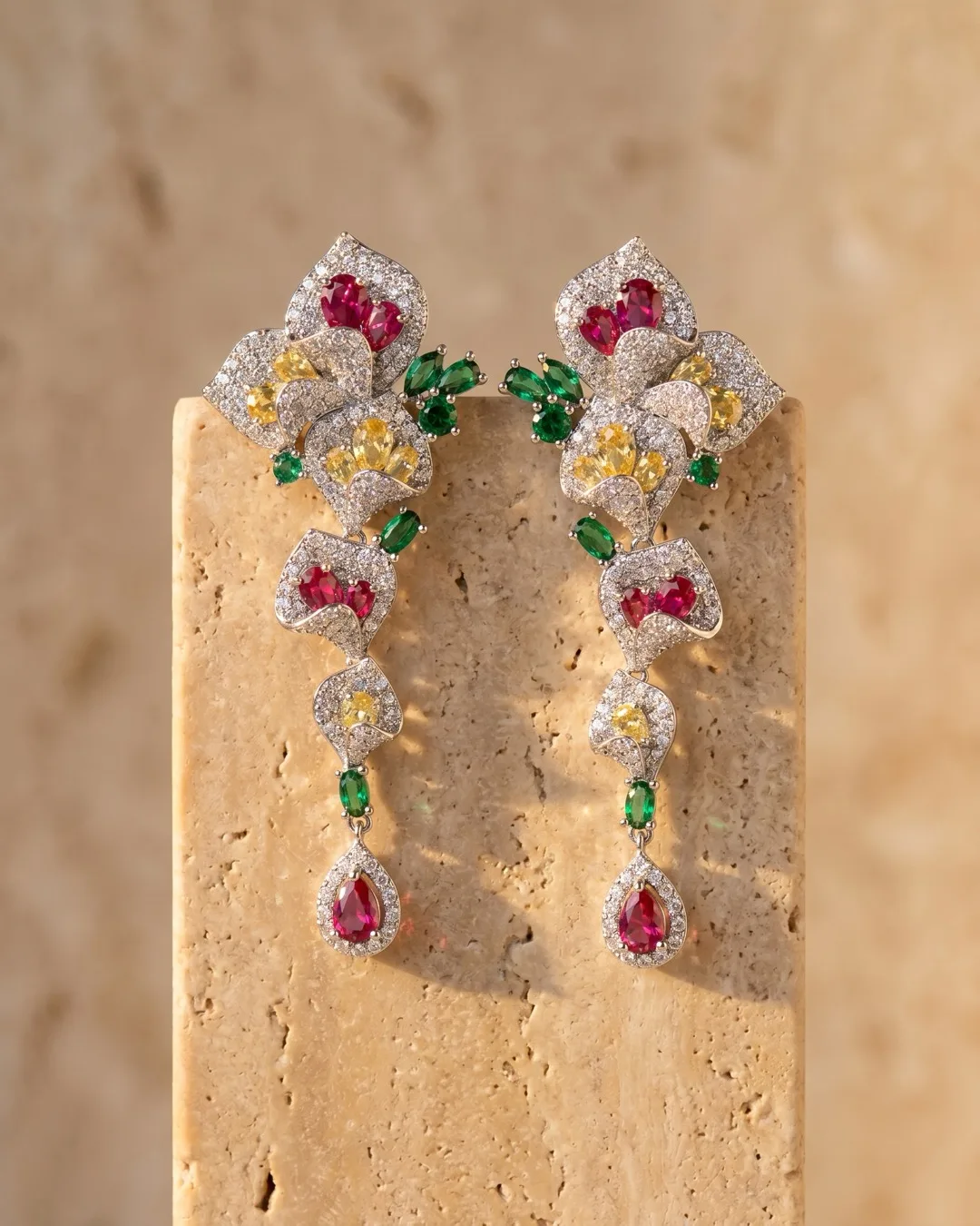 Gemma Crystal Cascade Silver Drop Earrings in Argento — Hugo Caesar Tassi