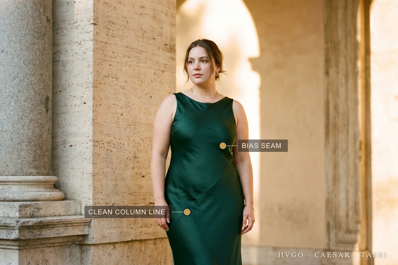 A woman with an apple body shape in a Hugo Caesar Tassi bias-cut Verde Antico column gown, labelled to show the bias seam cut on the diagonal and the clean column line skimming the midsection